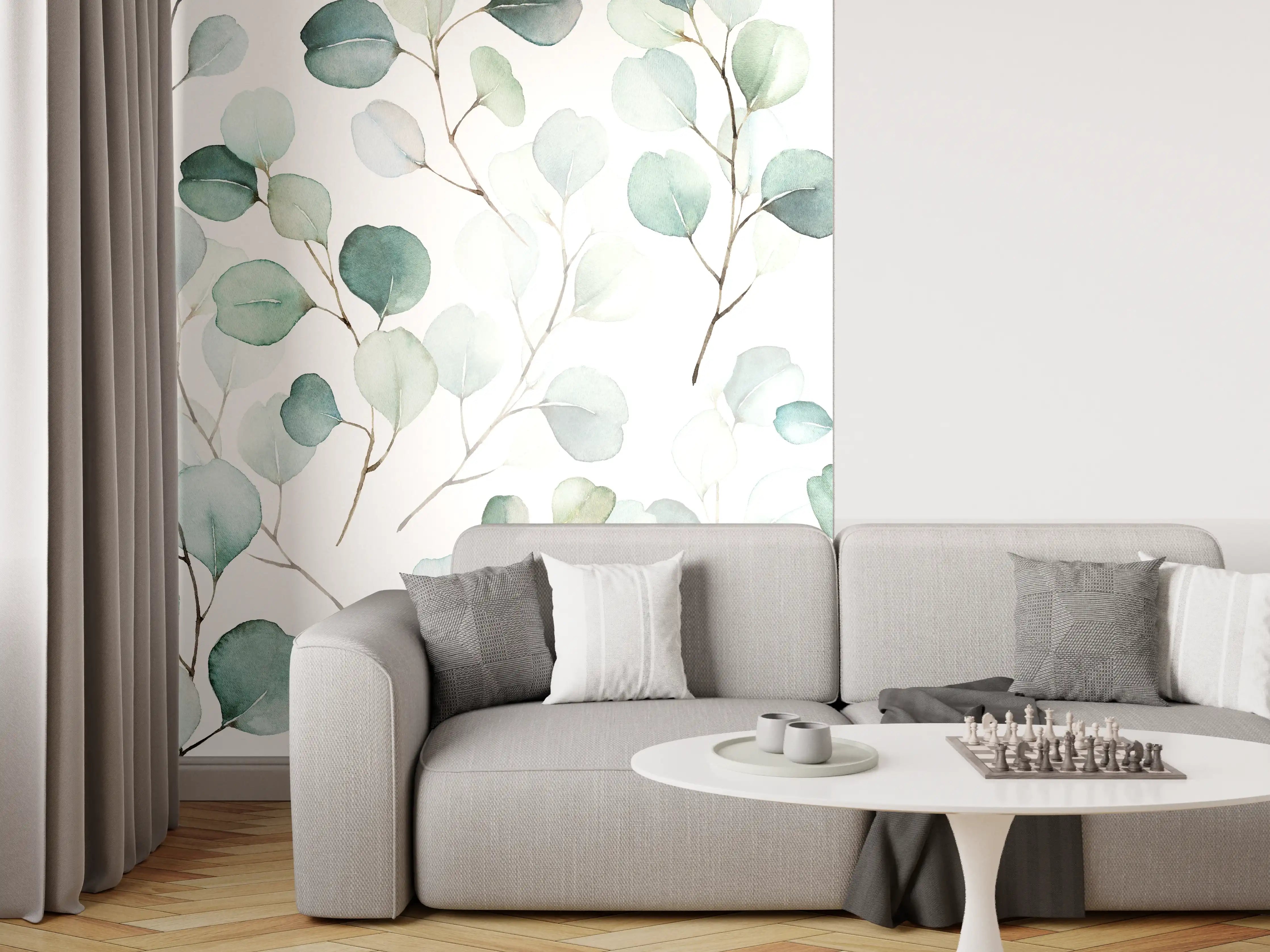 Wandverkleidung Wohnzimmer - Sanfte Wasserfarben Eukalyptusblatt-Muster