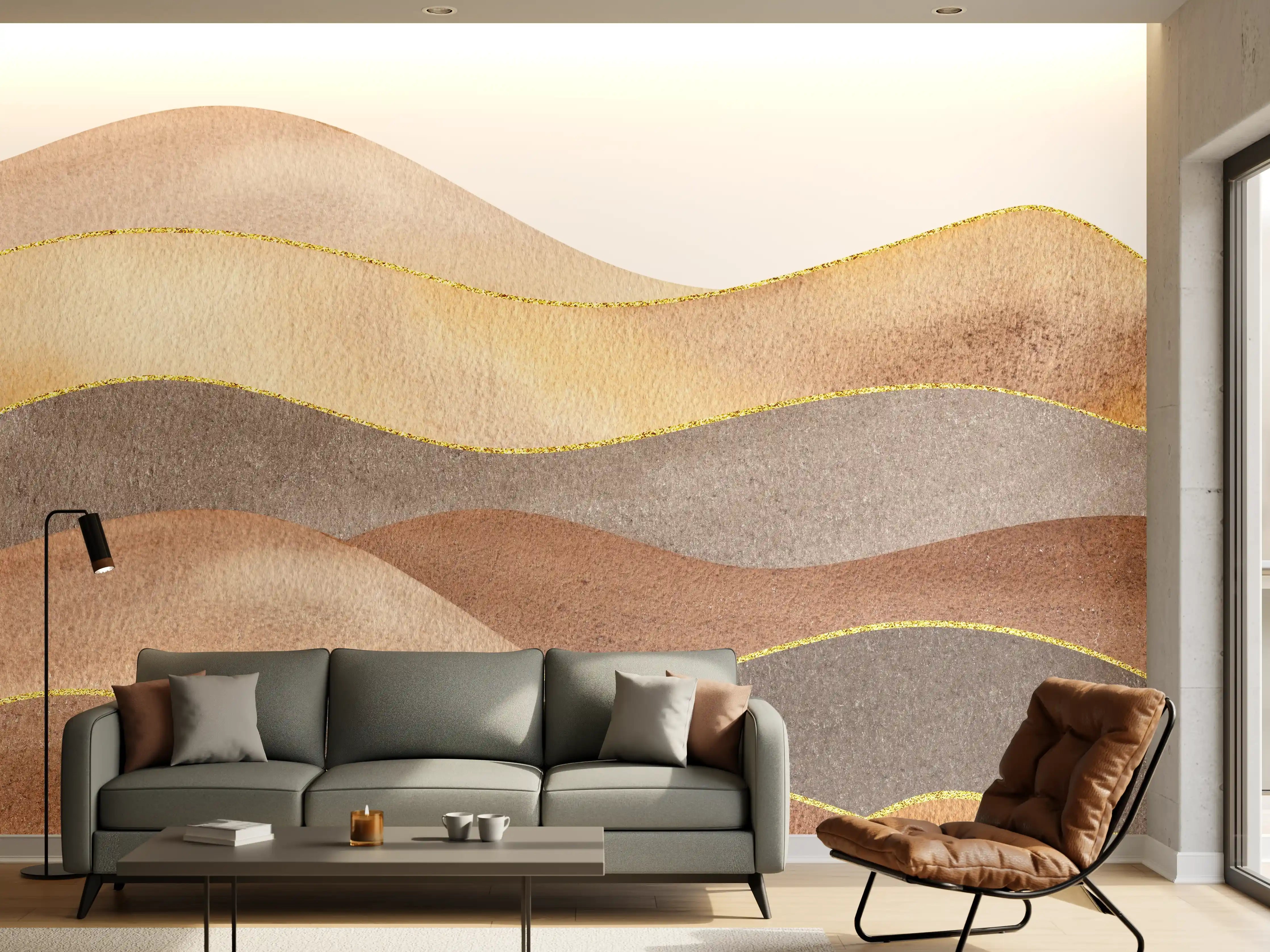 Wandverkleidung Wohnzimmer - Sanfte Wasserfarben-Hügel mit Goldakzenten