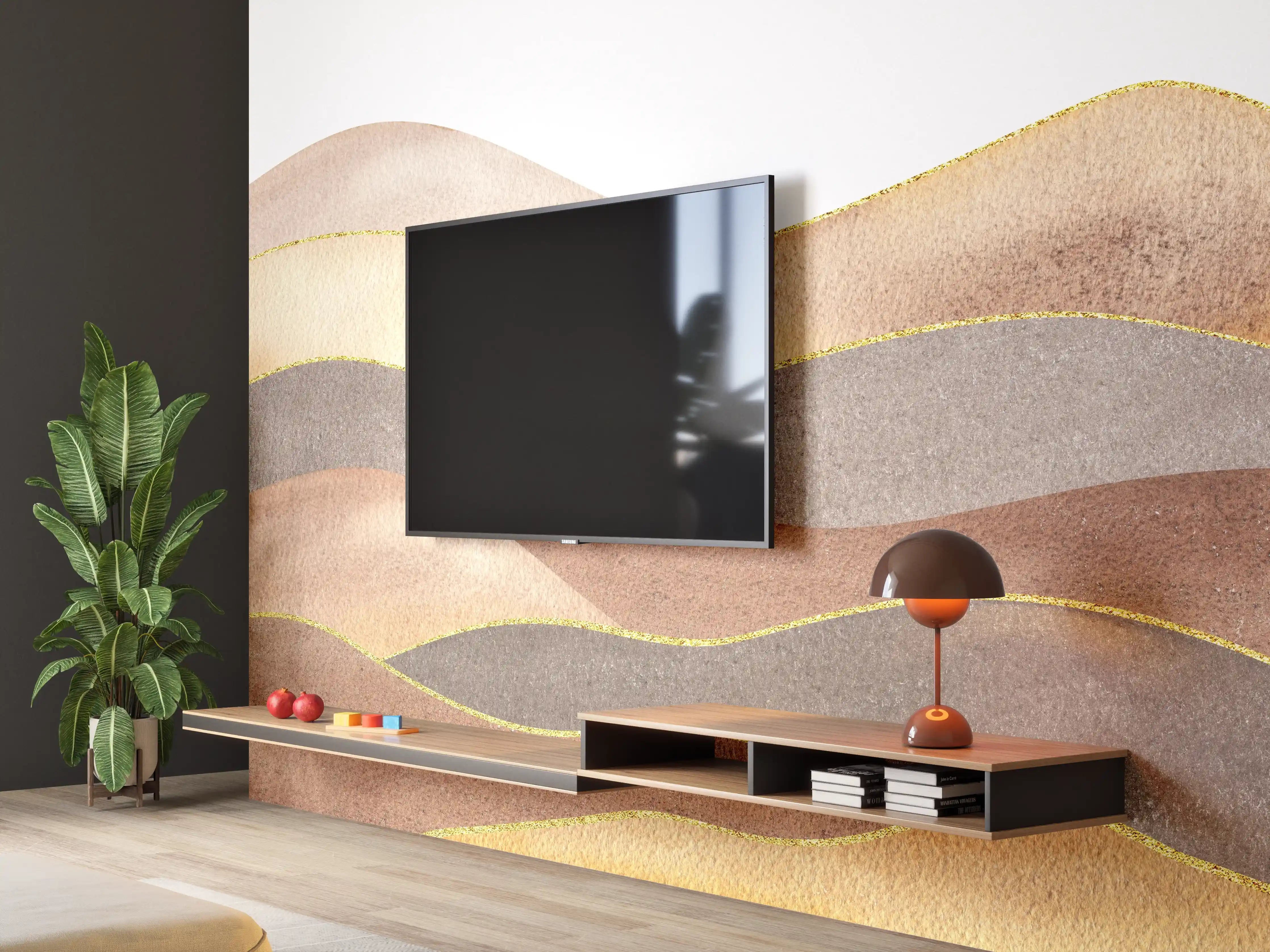 Wandverkleidung Wohnzimmer - Sanfte Wasserfarben-Hügel mit Goldakzenten