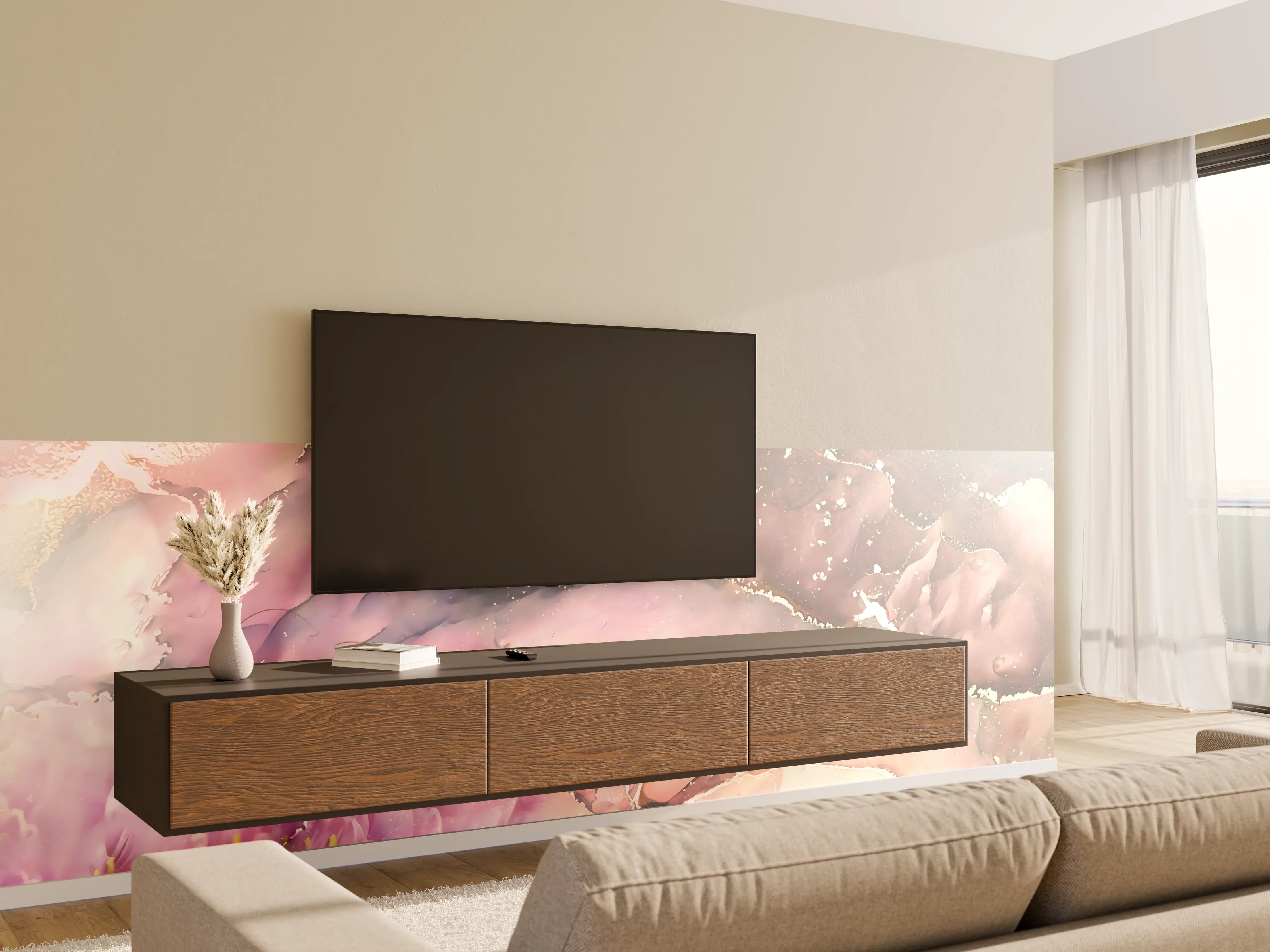 Wandverkleidung Wohnzimmer - Sanfte Wasserfarben-Kunst mit Blumenmotiven