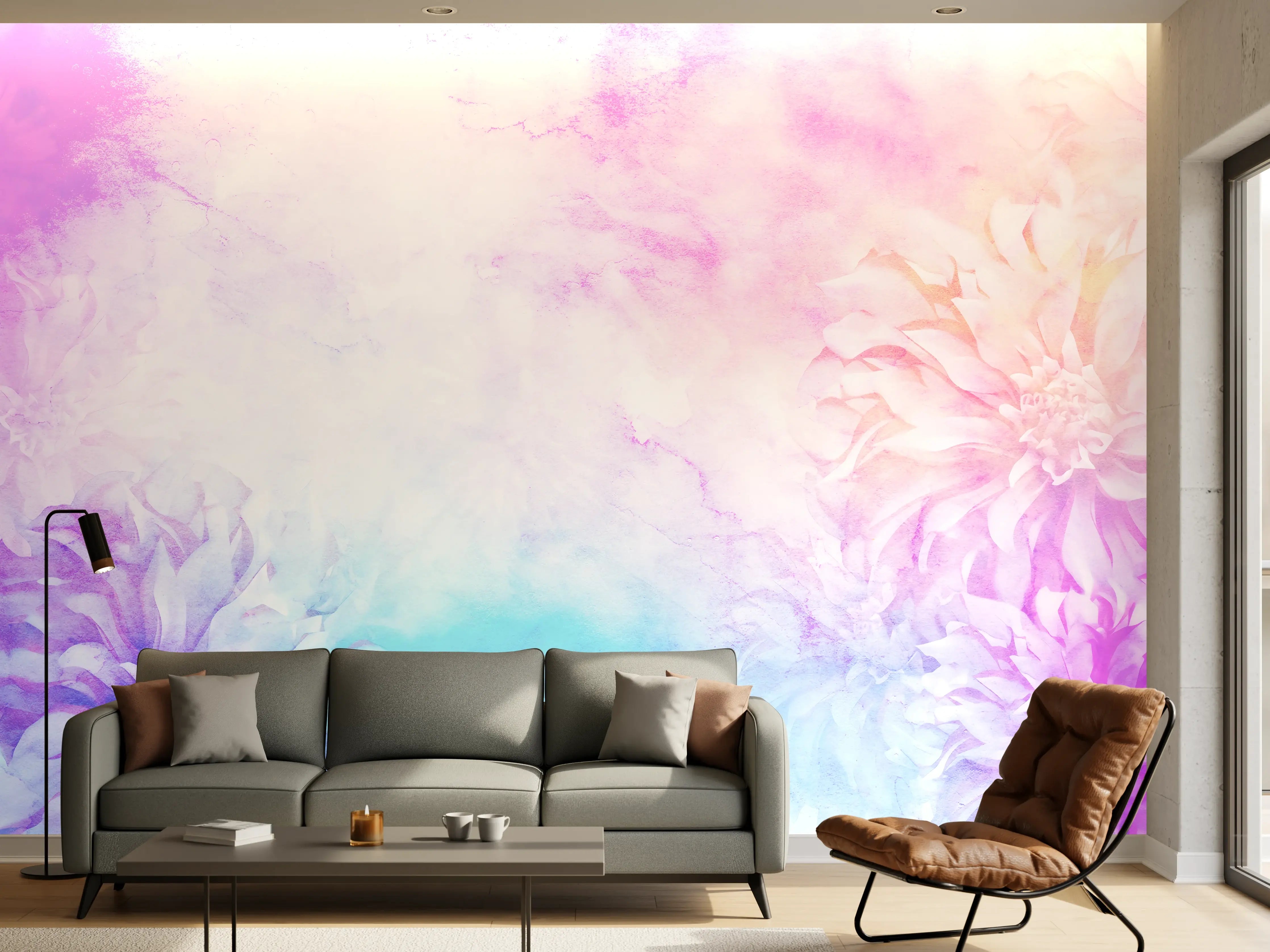 Wandverkleidung Wohnzimmer - Sanfte Wasserfarben mit Blumenmotiven