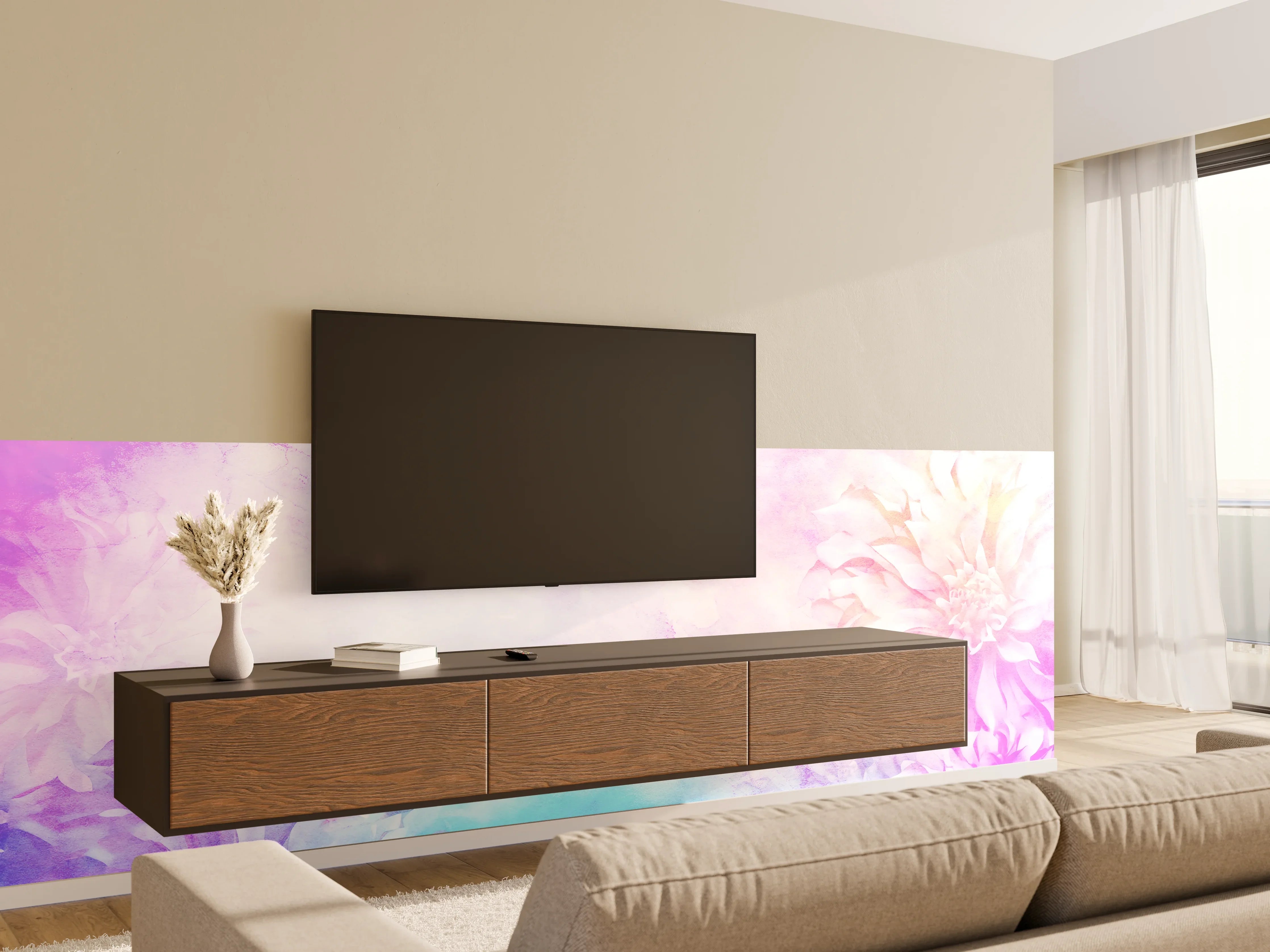 Wandverkleidung Wohnzimmer - Sanfte Wasserfarben mit Blumenmotiven