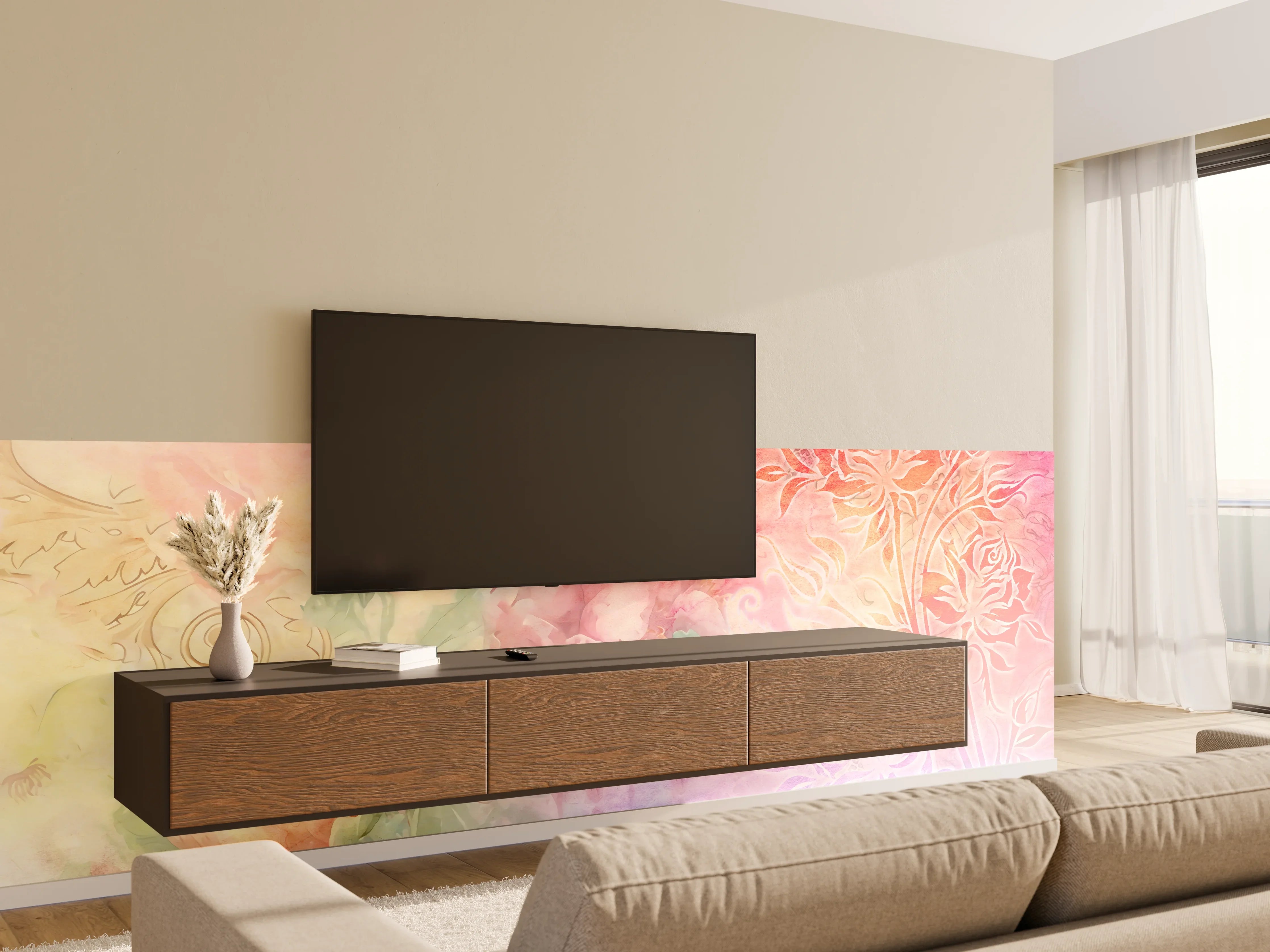 Wandverkleidung Wohnzimmer - Sanfte Wasserfarben mit floralen Details