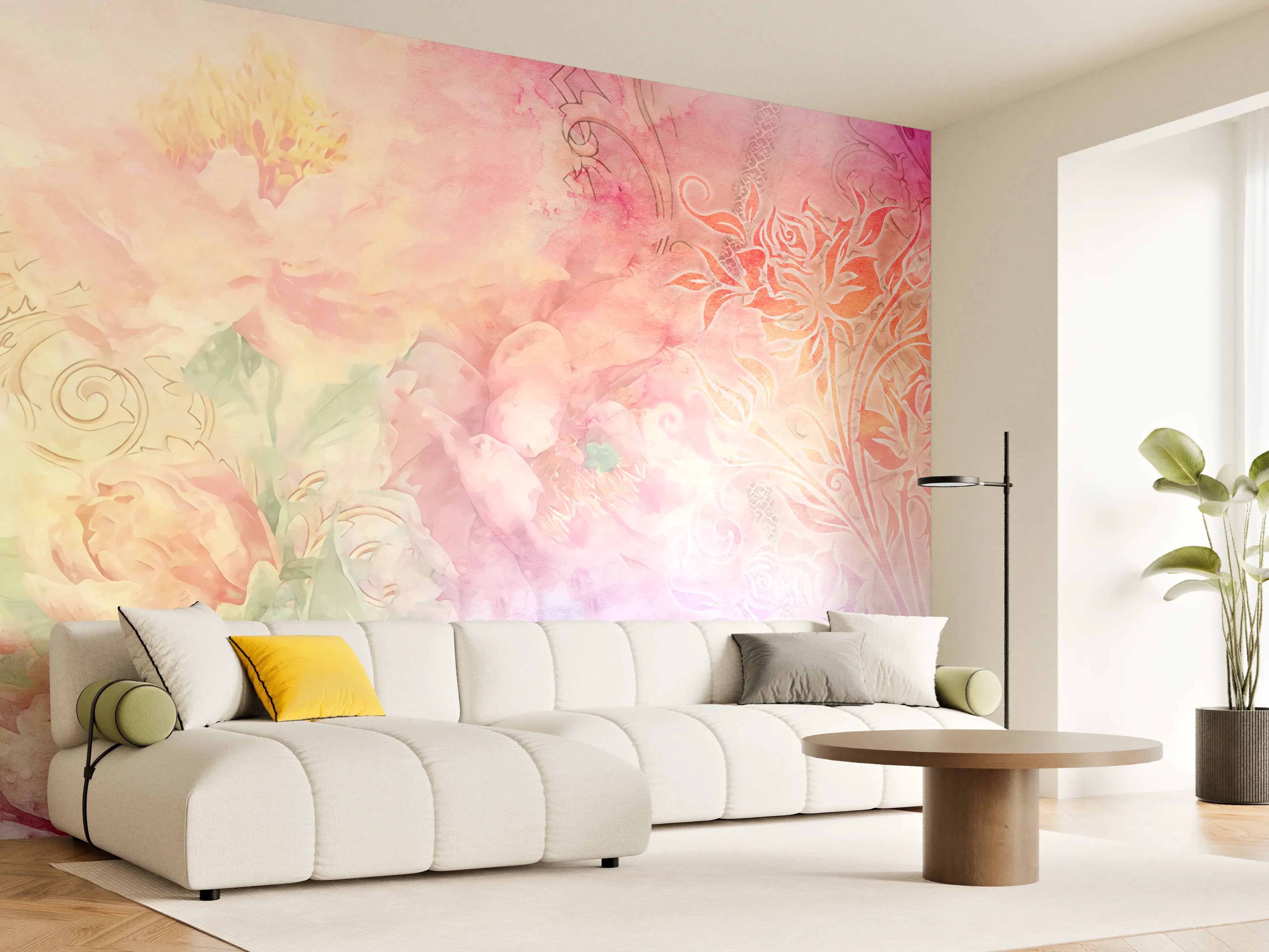 Wandverkleidung Wohnzimmer - Sanfte Wasserfarben mit floralen Details