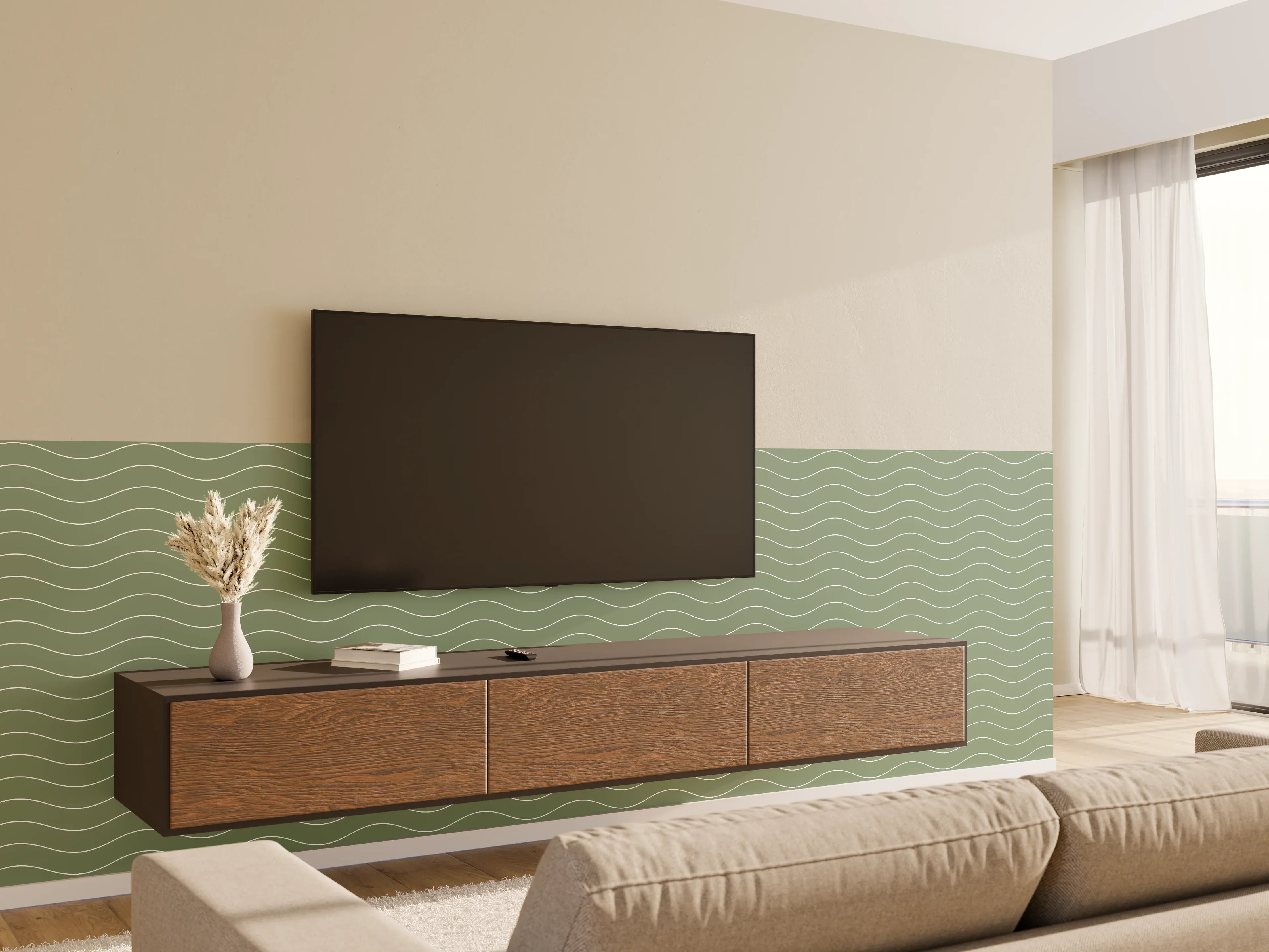 Wandverkleidung Wohnzimmer - Sanfte Wellen im Grün