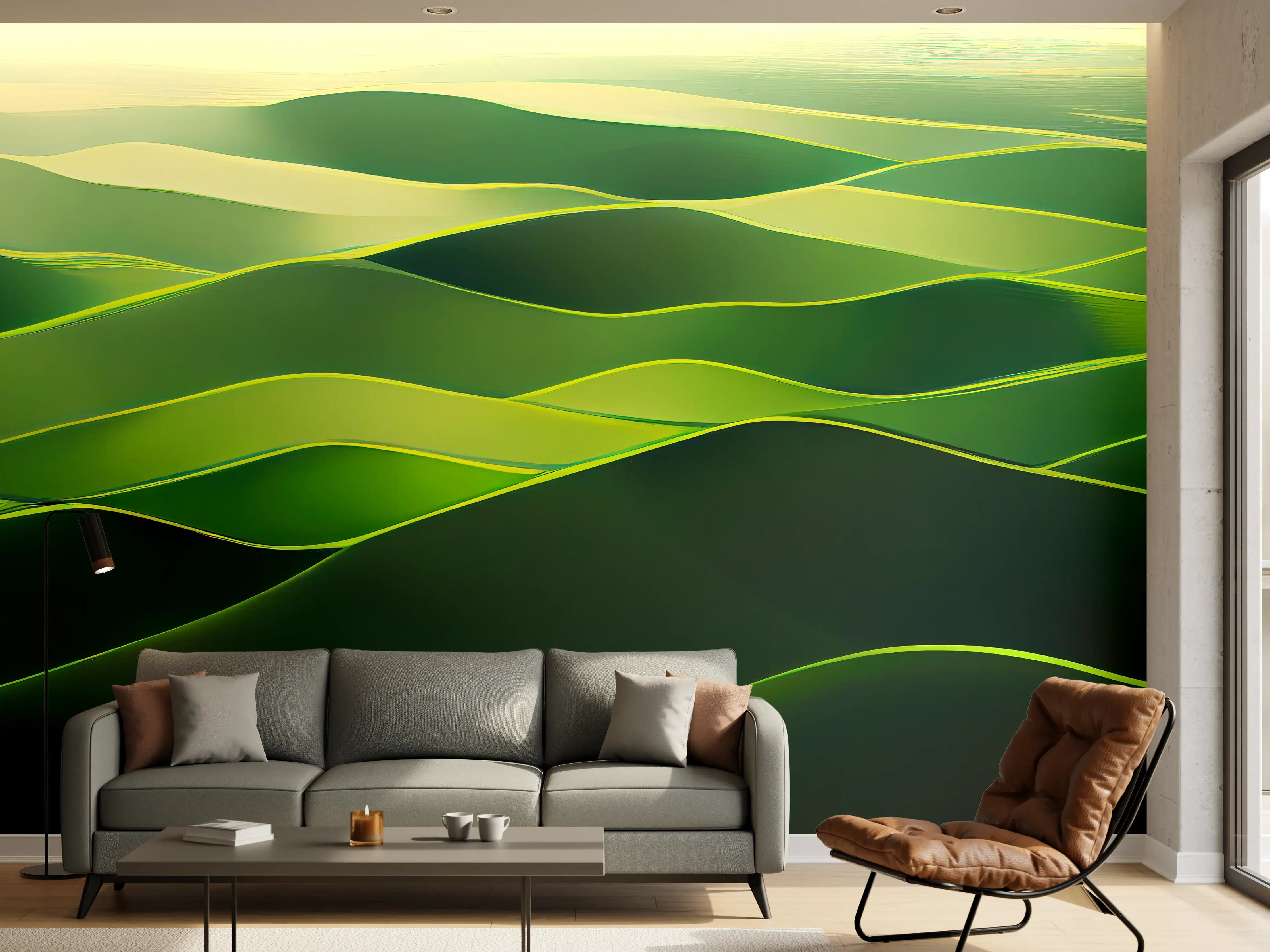 Wandverkleidung Wohnzimmer - Sanfte grüne Hügellandschaft bei Sonnenaufgang