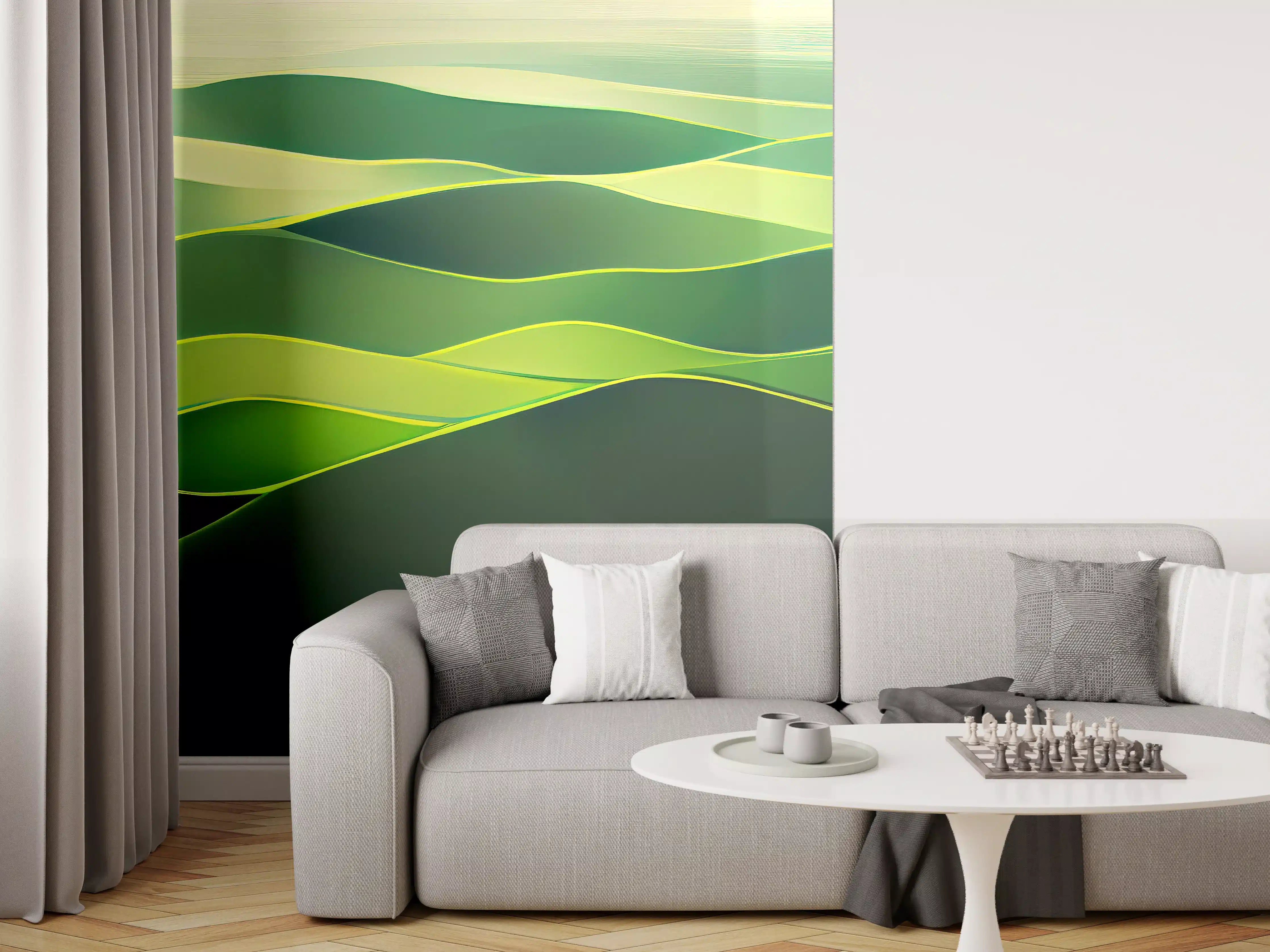 Wandverkleidung Wohnzimmer - Sanfte grüne Hügellandschaft bei Sonnenaufgang