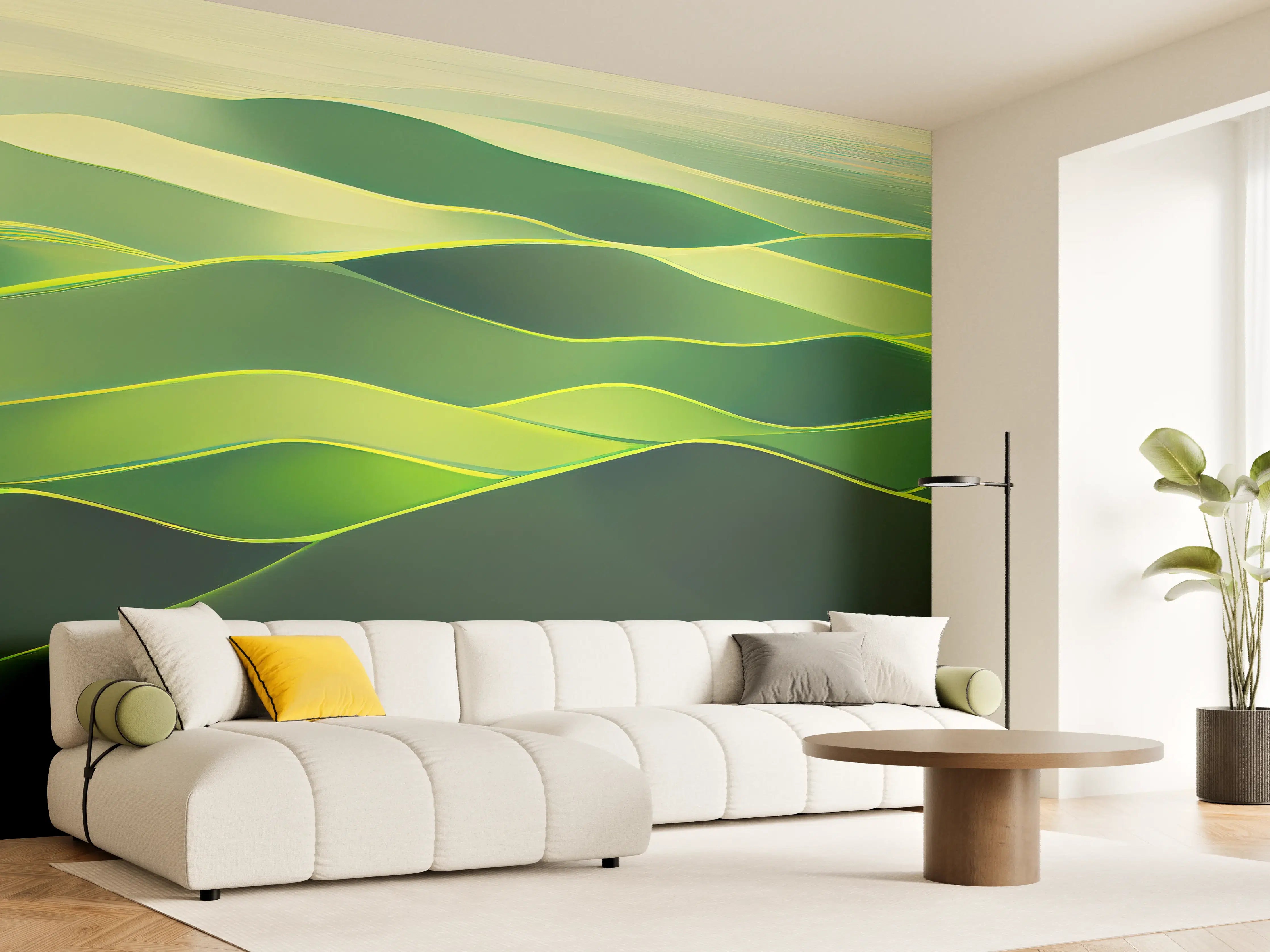 Wandverkleidung Wohnzimmer - Sanfte grüne Hügellandschaft bei Sonnenaufgang
