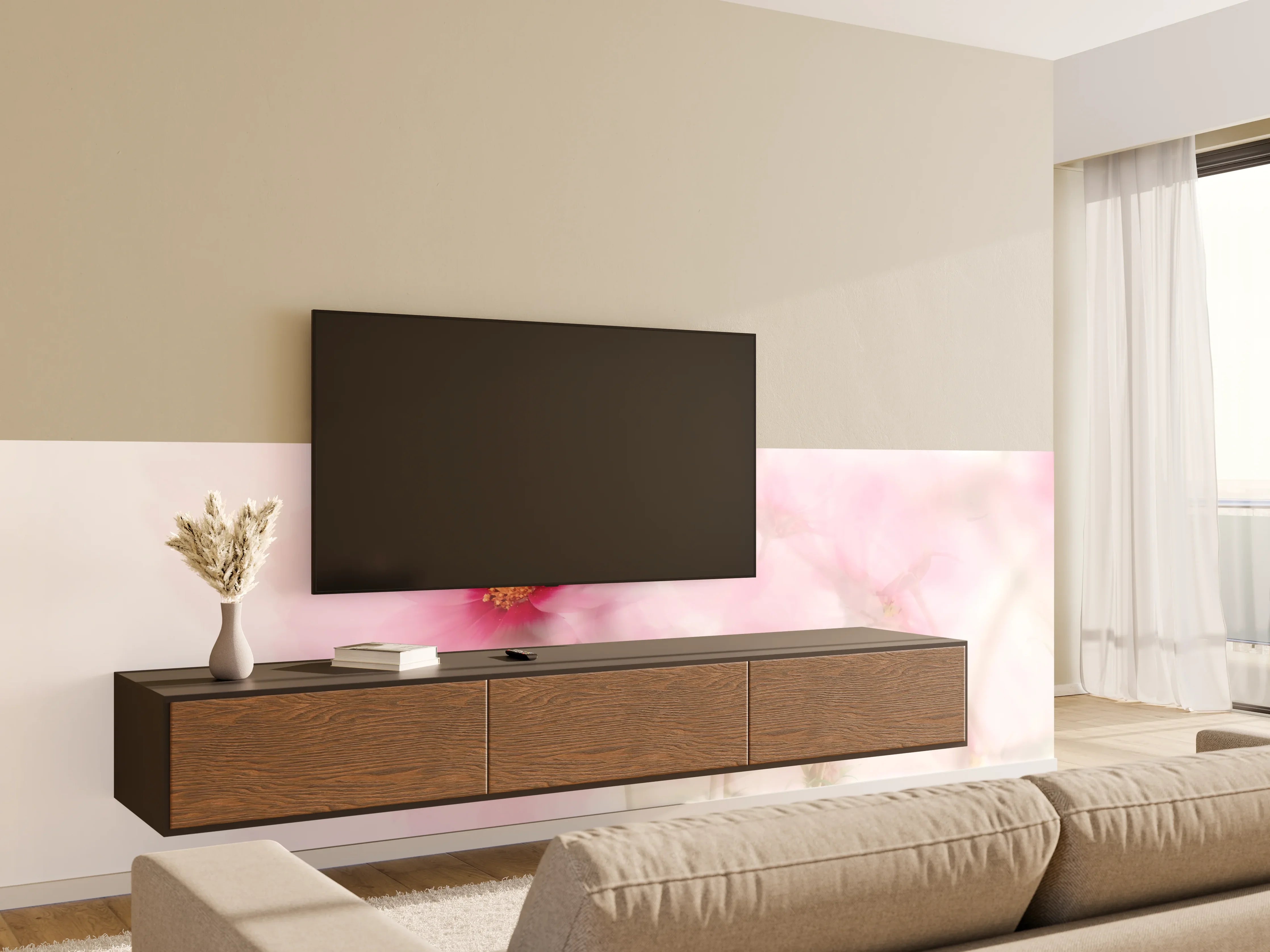 Wandverkleidung Wohnzimmer - Sanfte pinke Blumen im Himmelshintergrund