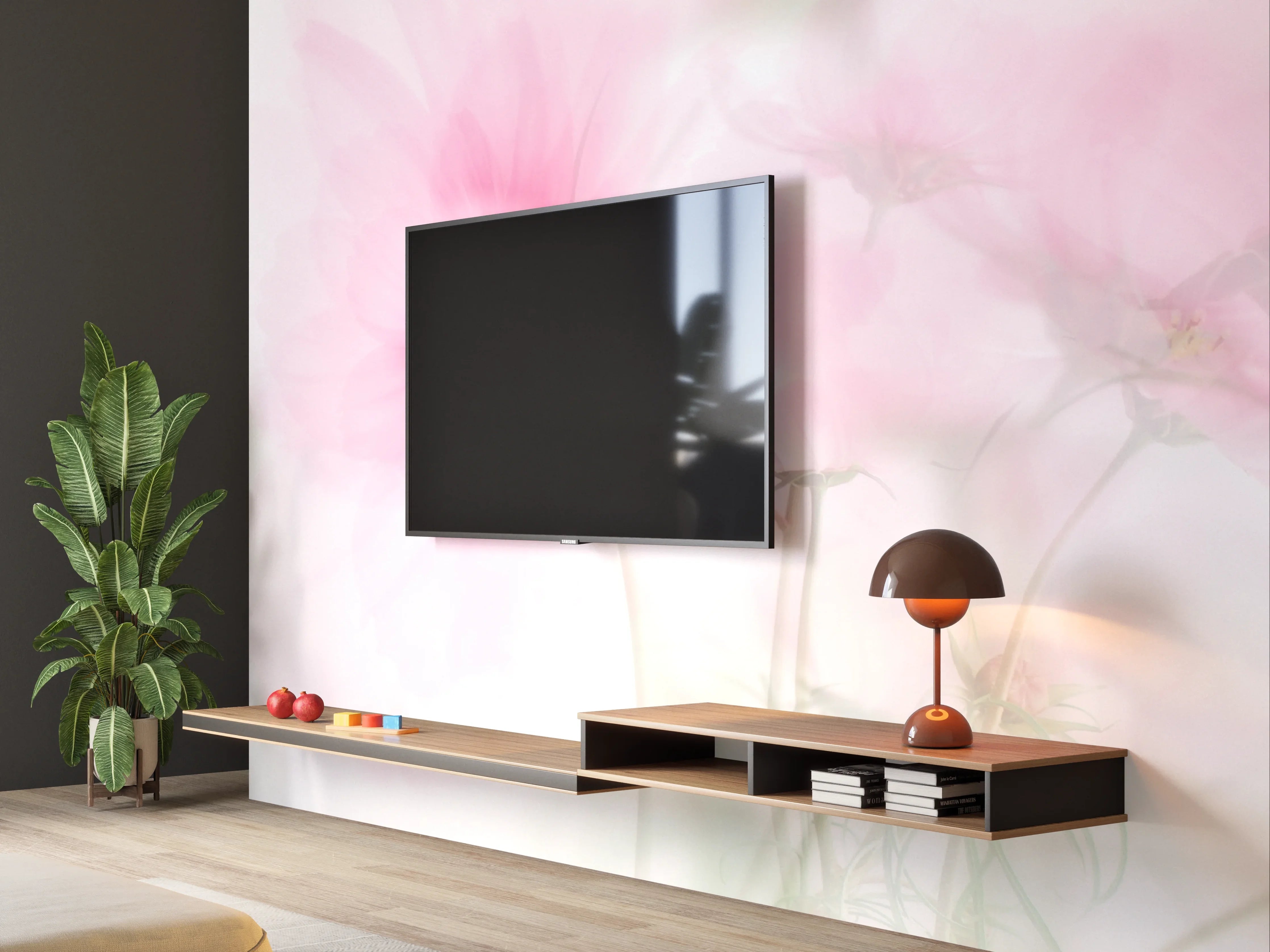 Wandverkleidung Wohnzimmer - Sanfte pinke Blumen im Himmelshintergrund