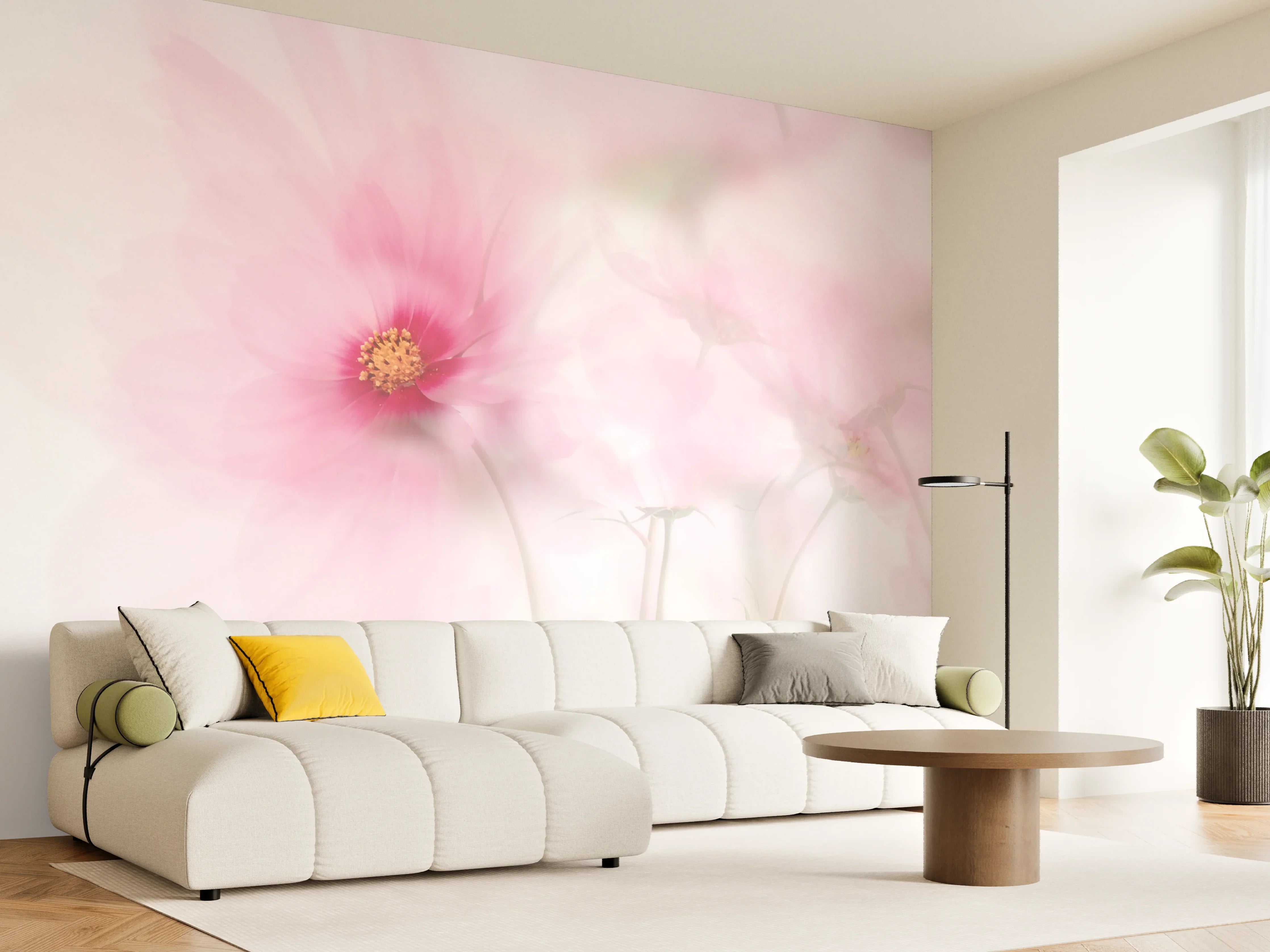 Wandverkleidung Wohnzimmer - Sanfte pinke Blumen im Himmelshintergrund
