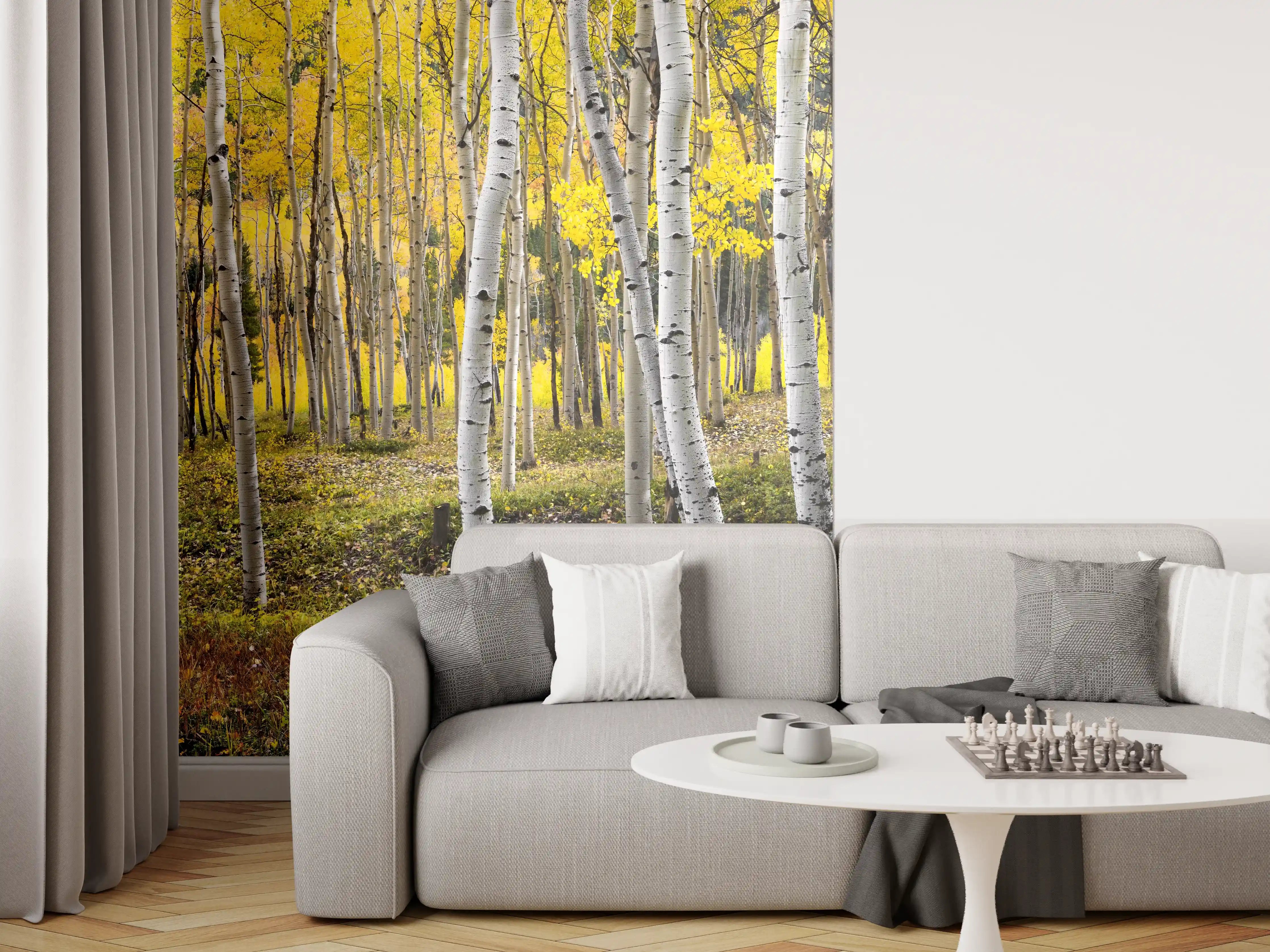 Wandverkleidung Wohnzimmer - Sanfter Birkenhain im grauen Herbst