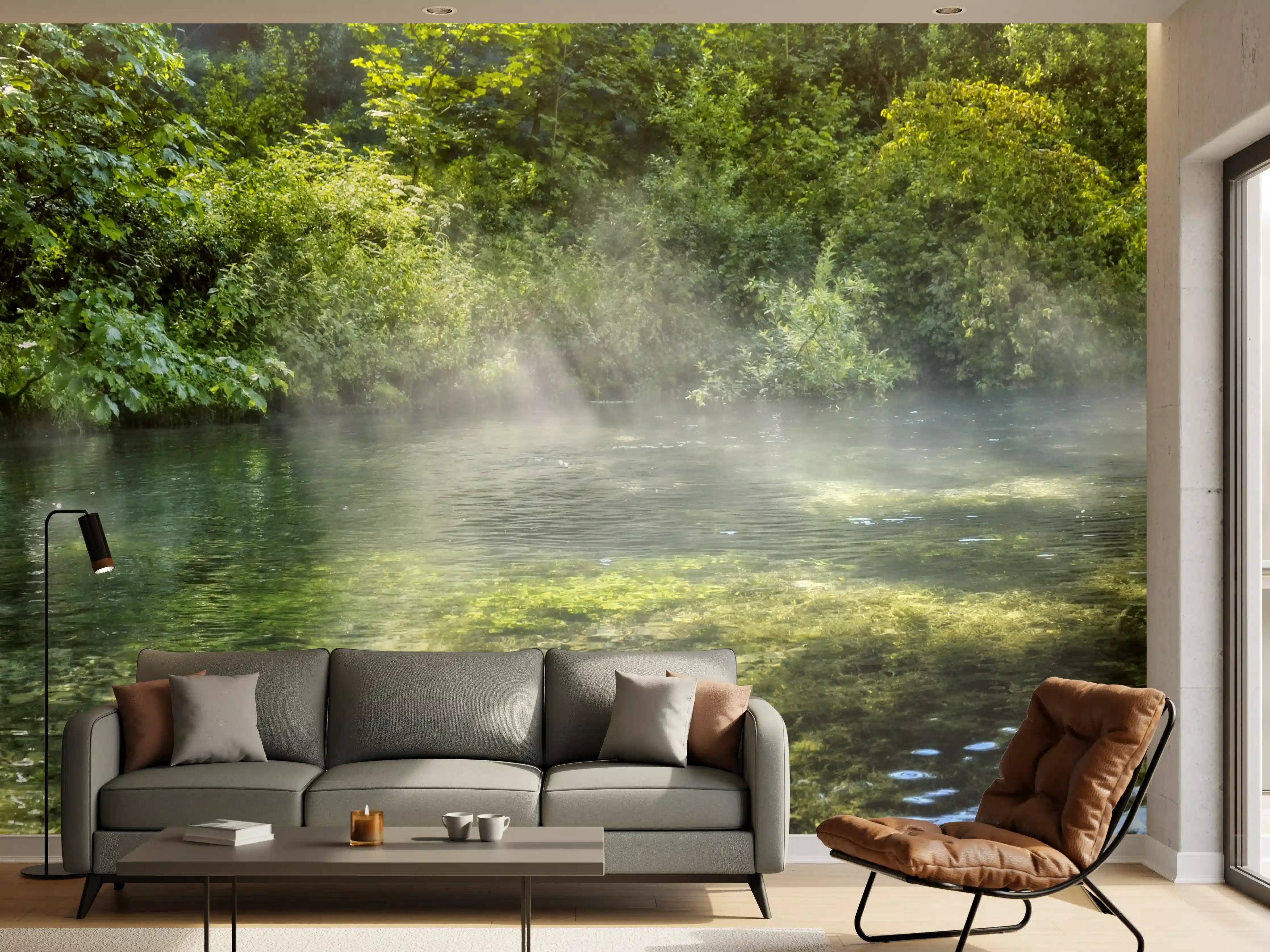Wandverkleidung Wohnzimmer - Sanfter Fluss im Grauweiß-Traum