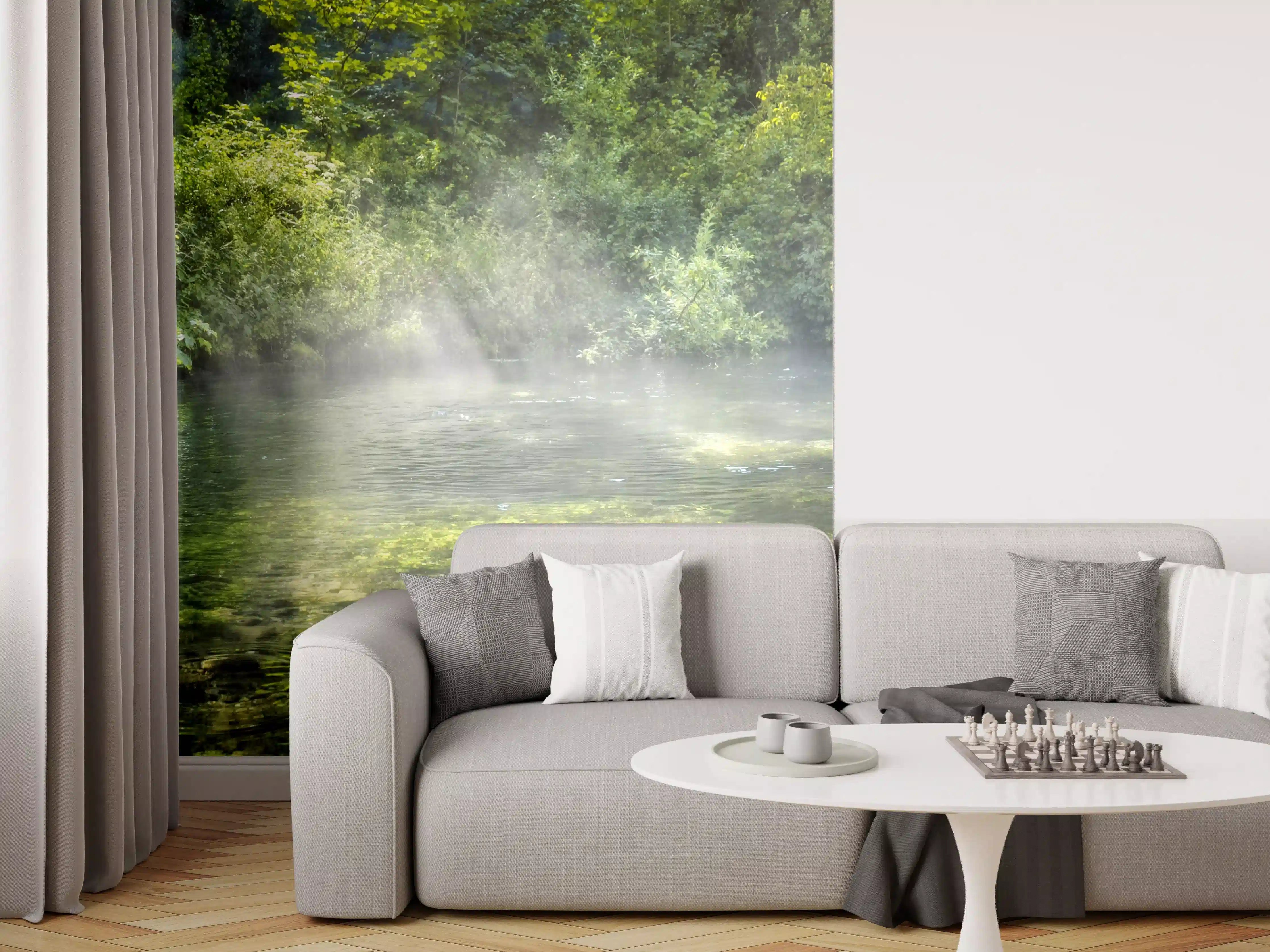 Wandverkleidung Wohnzimmer - Sanfter Fluss im Grauweiß-Traum