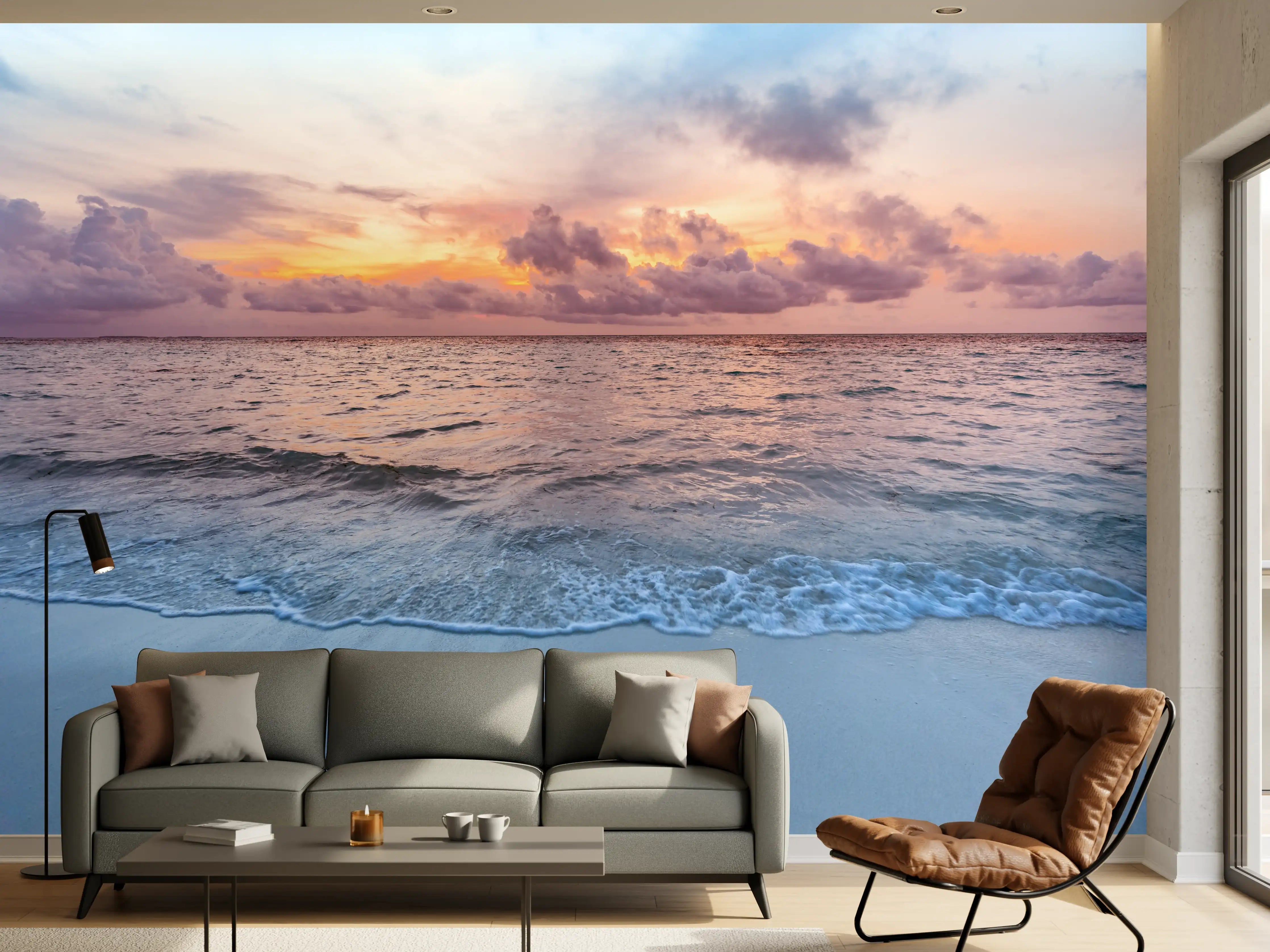 Wandverkleidung Wohnzimmer - Sanfter Sonnenuntergang über grauem Meer