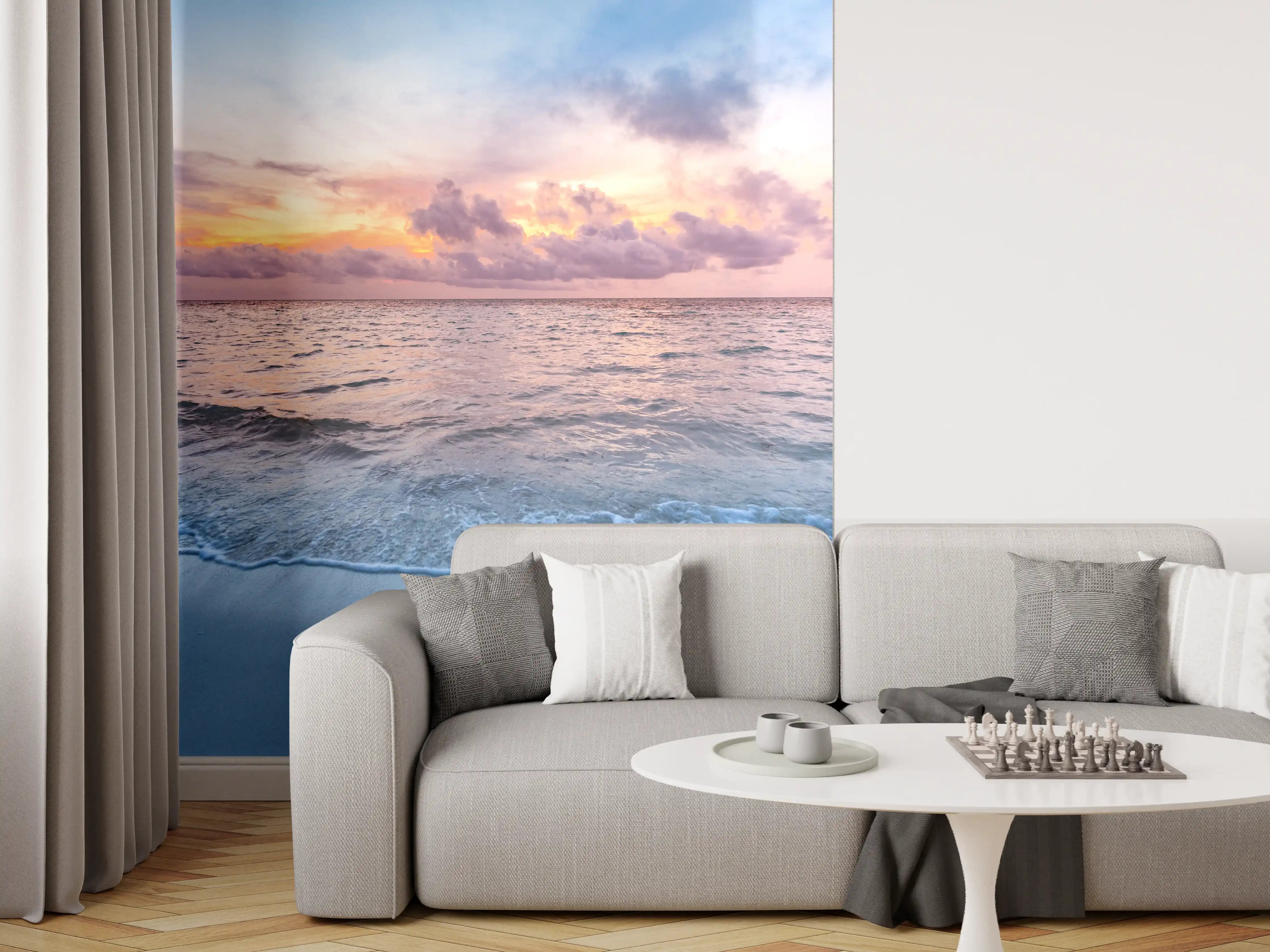 Wandverkleidung Wohnzimmer - Sanfter Sonnenuntergang über grauem Meer