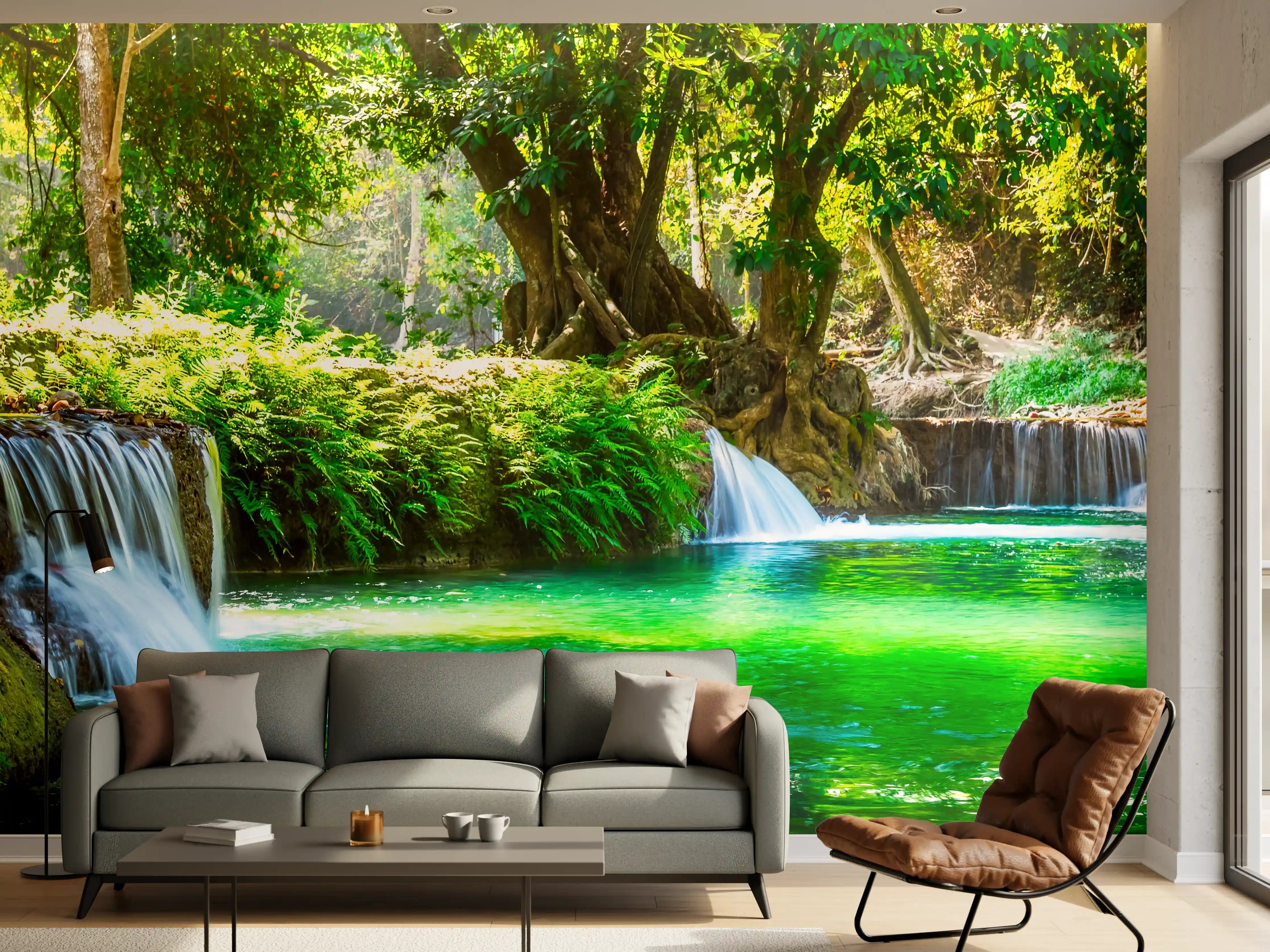 Wandverkleidung Wohnzimmer - Sanfter Wasserfall im grauen Grün