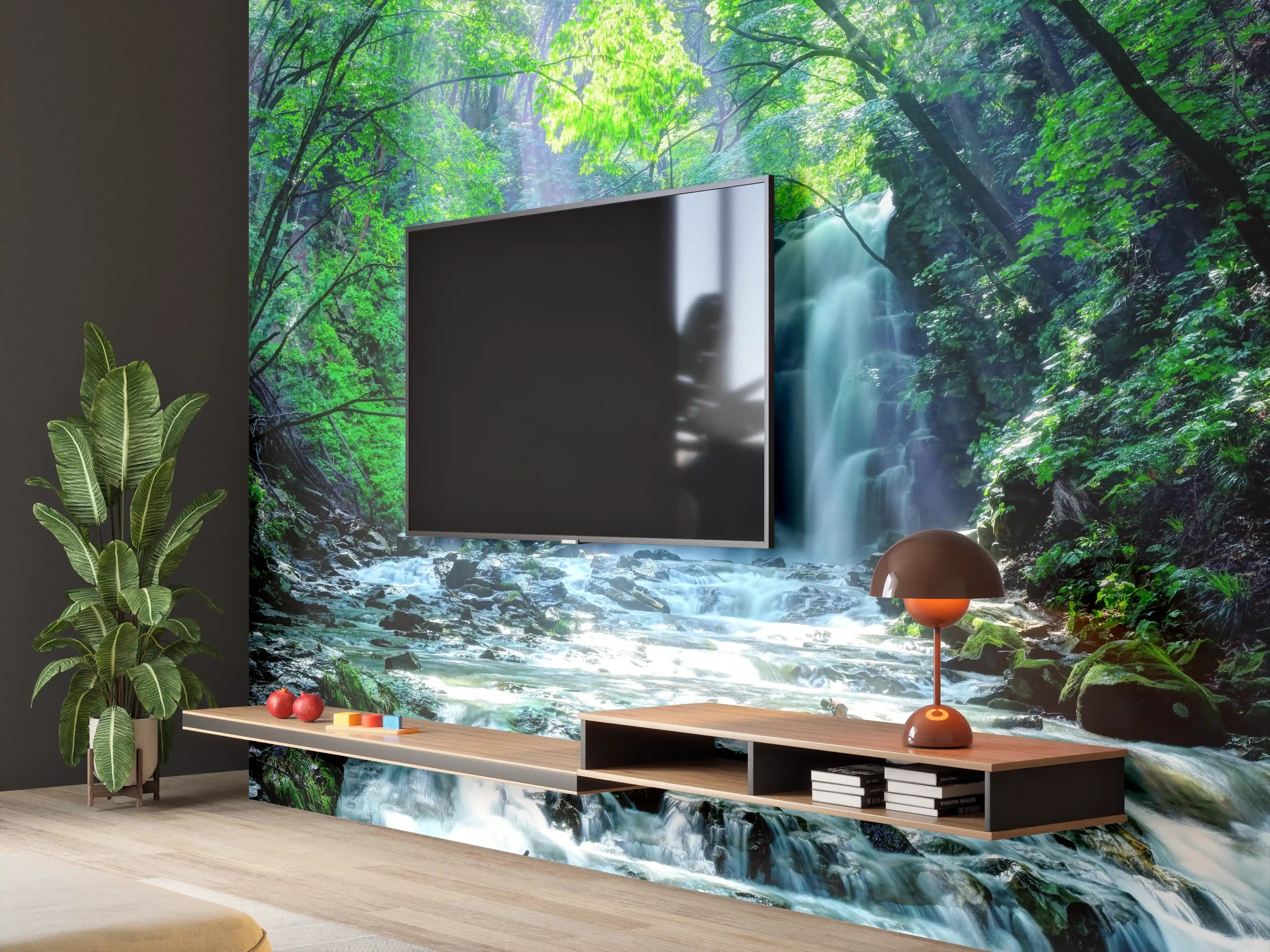 Wandverkleidung Wohnzimmer - Sanfter Wasserfall im grauen Morgengrauen
