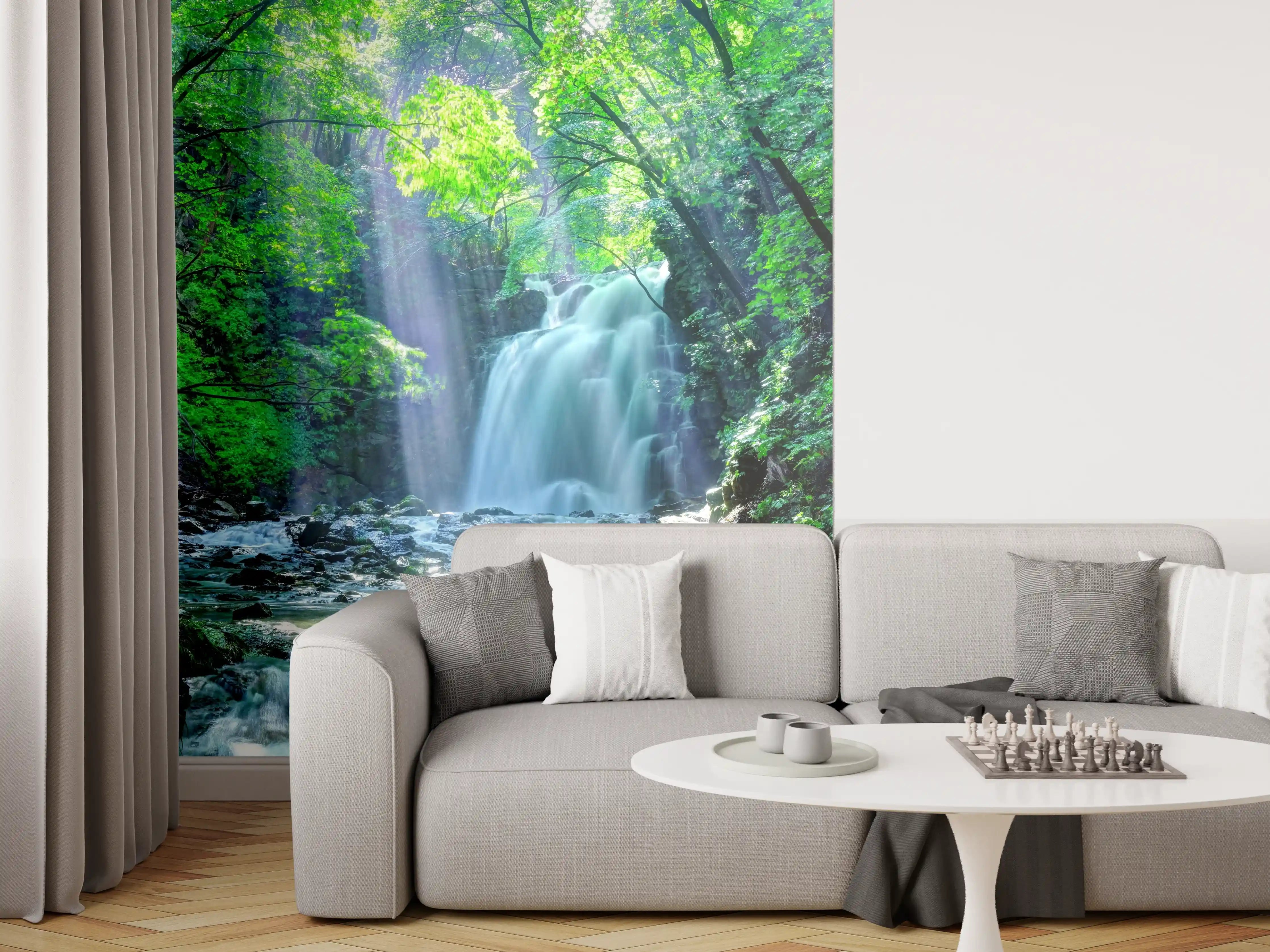 Wandverkleidung Wohnzimmer - Sanfter Wasserfall im grauen Morgengrauen