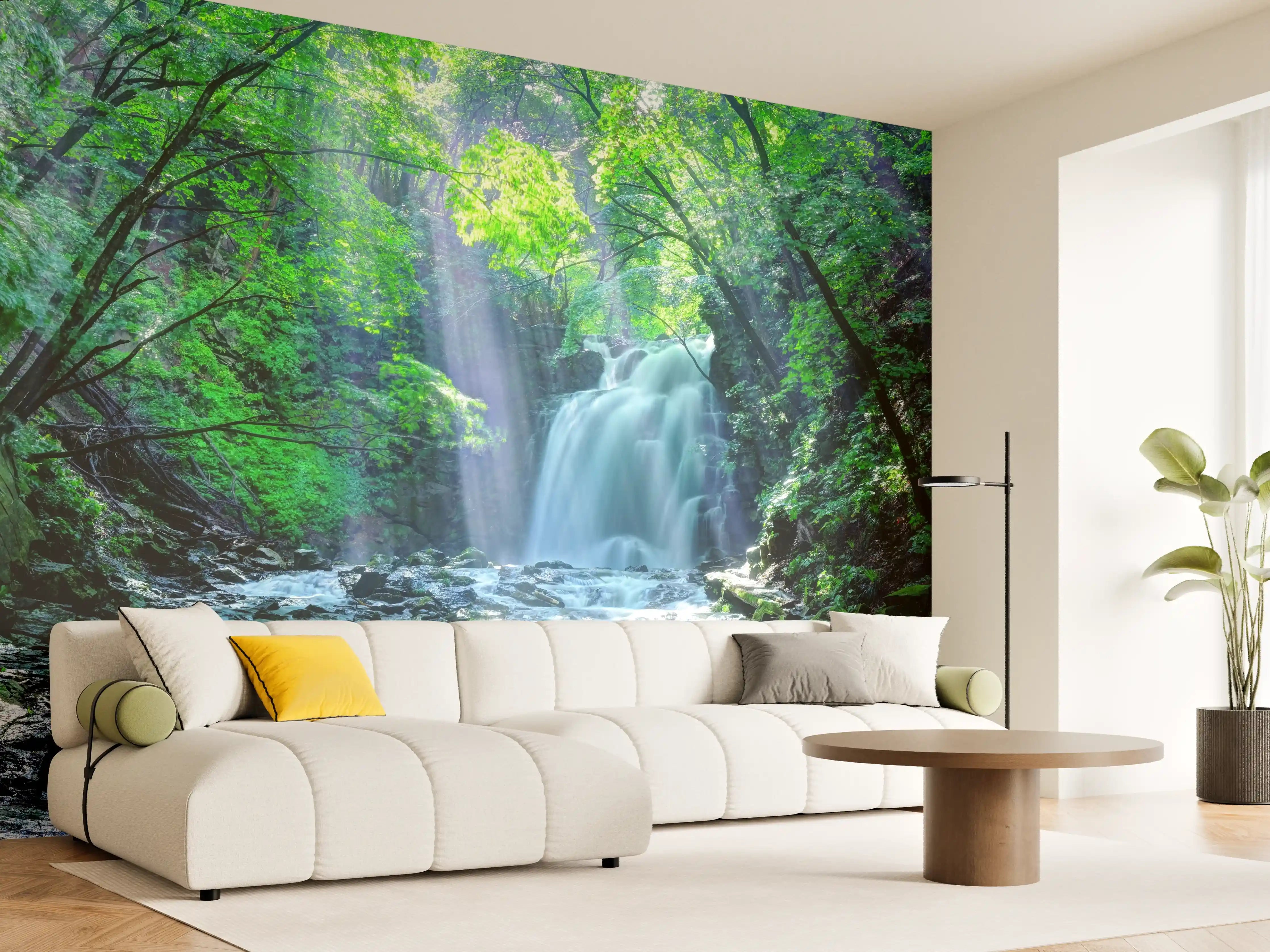 Wandverkleidung Wohnzimmer - Sanfter Wasserfall im grauen Morgengrauen