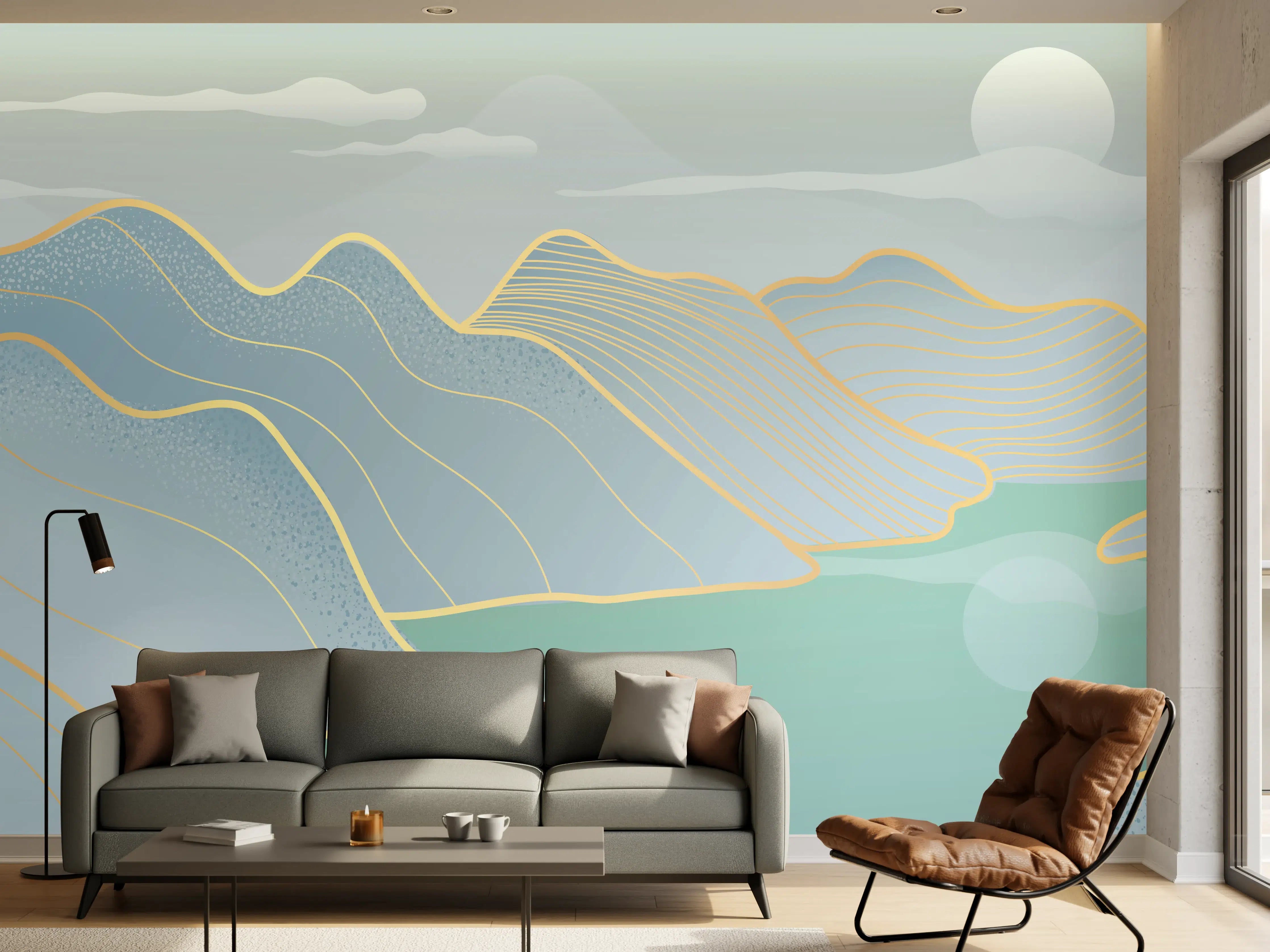 Wandverkleidung Wohnzimmer - Sanftes Blau Linien Panorama