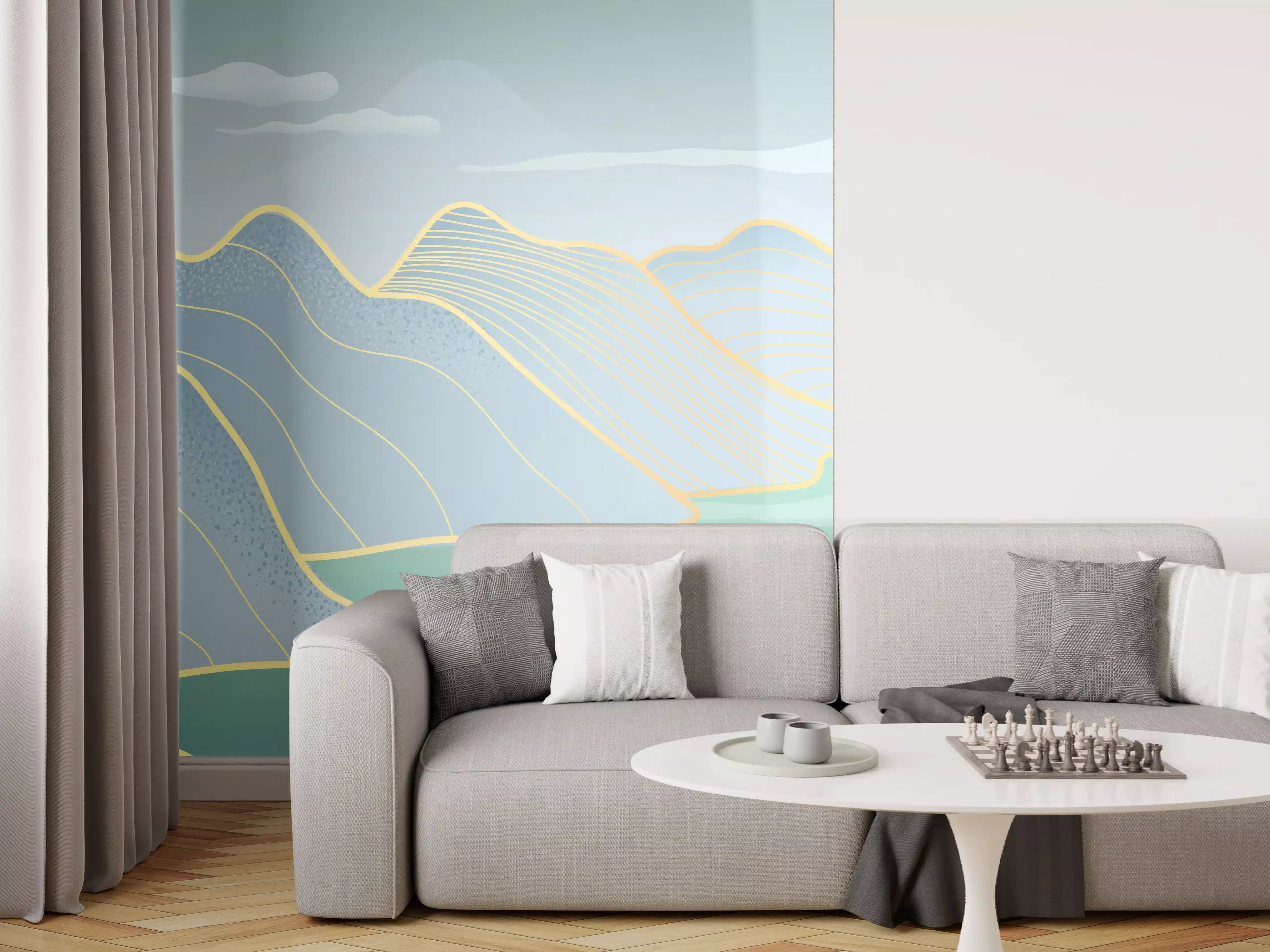 Wandverkleidung Wohnzimmer - Sanftes Blau Linien Panorama