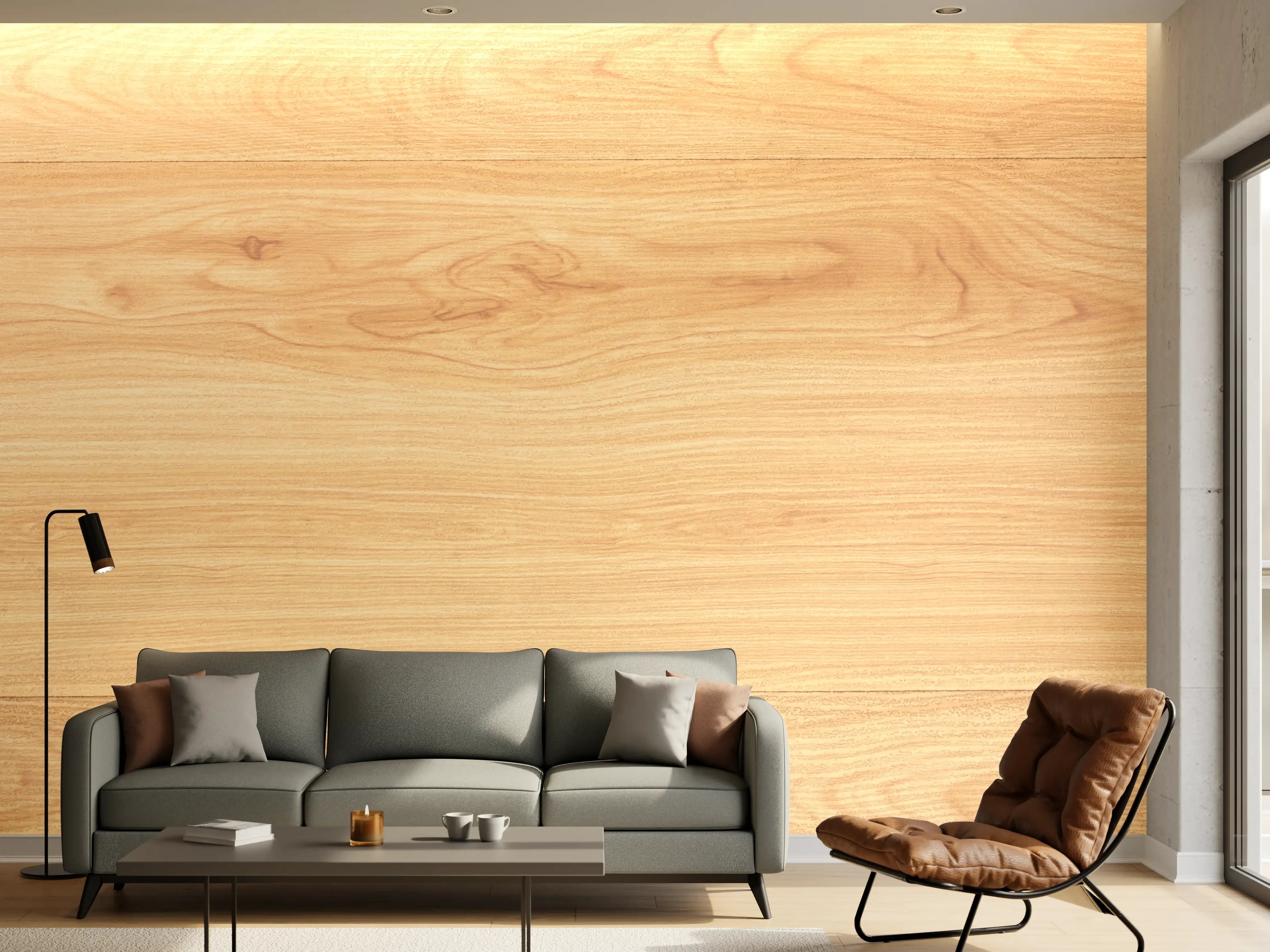 Wandverkleidung Wohnzimmer - Sanftes Grau-Holzdekor mit Weißakzenten