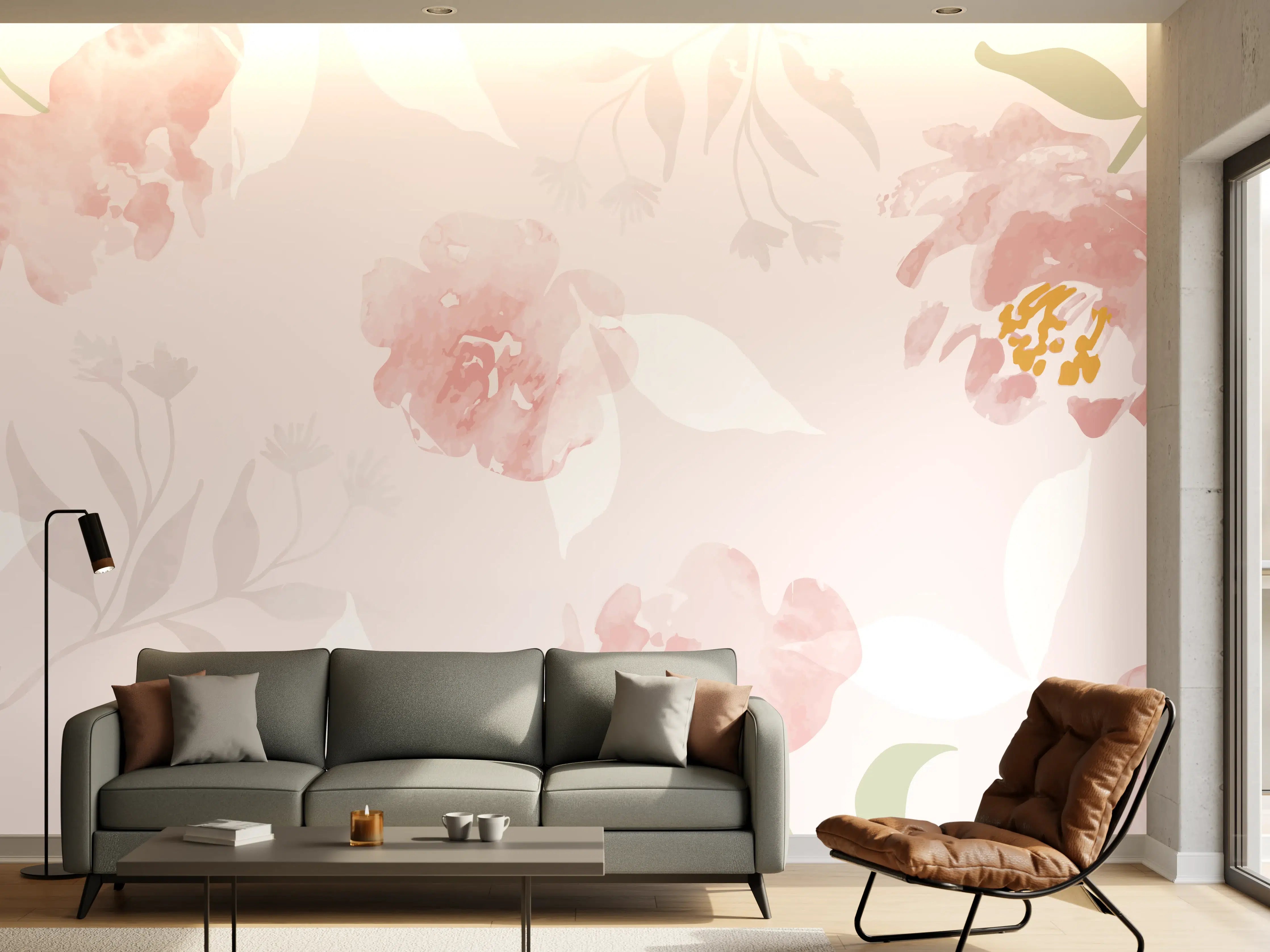 Wandverkleidung Wohnzimmer - Sanftes Rosa Blumenmuster Design