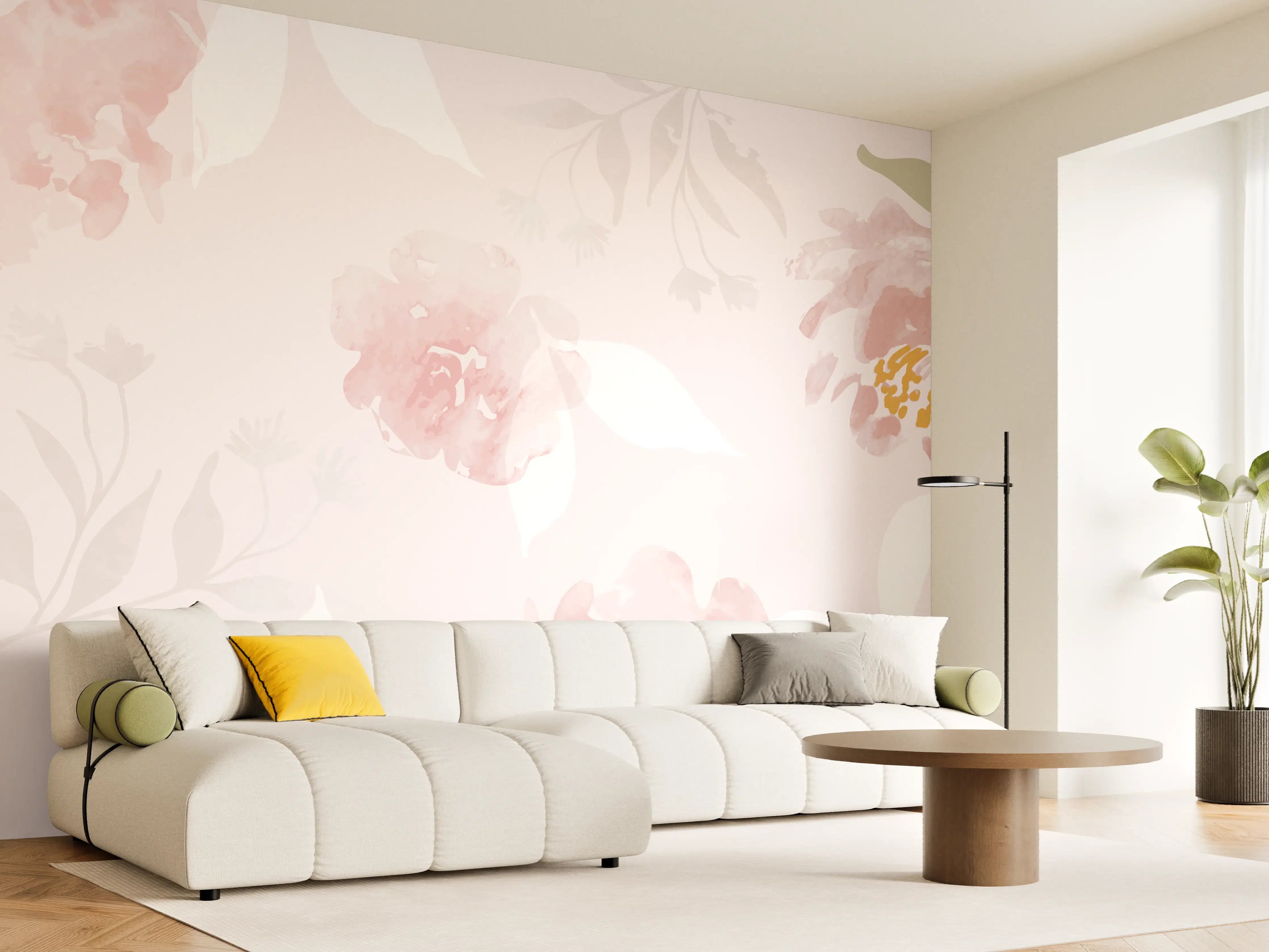 Wandverkleidung Wohnzimmer - Sanftes Rosa Blumenmuster Design