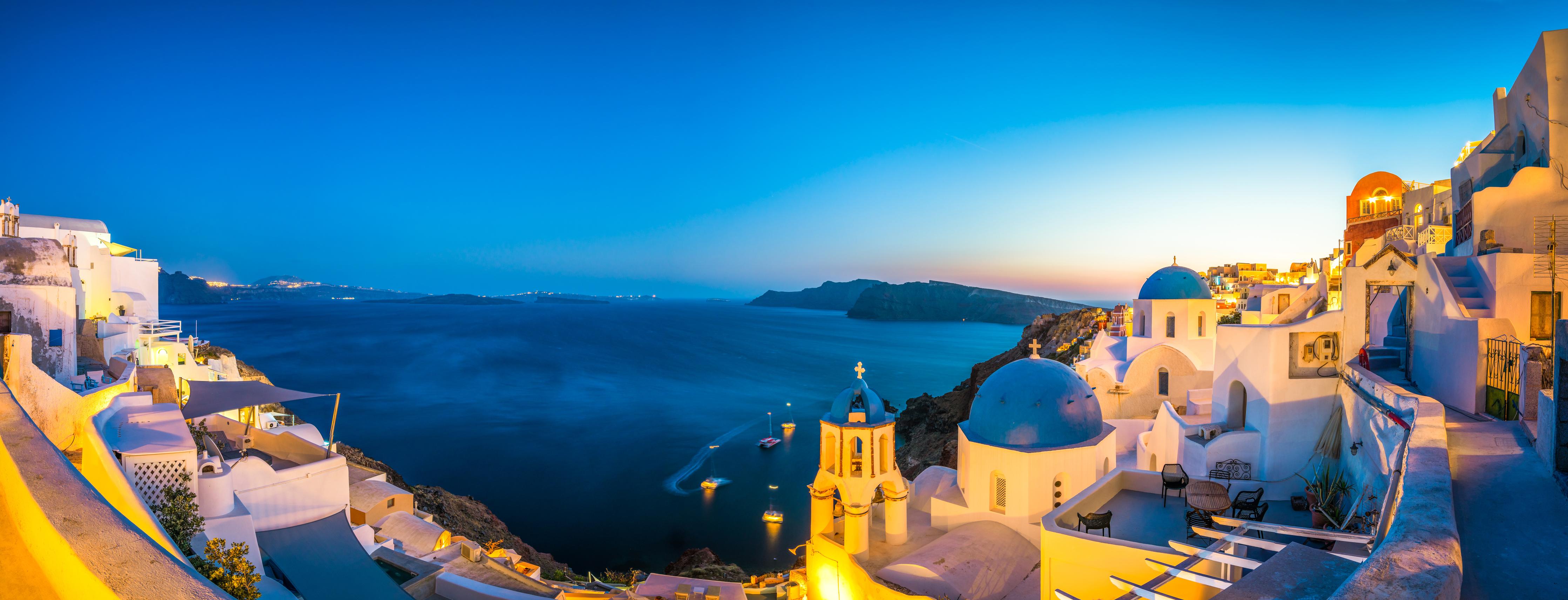 Wandverkleidung Wohnzimmer-Santorini Blau-Weiß Panorama