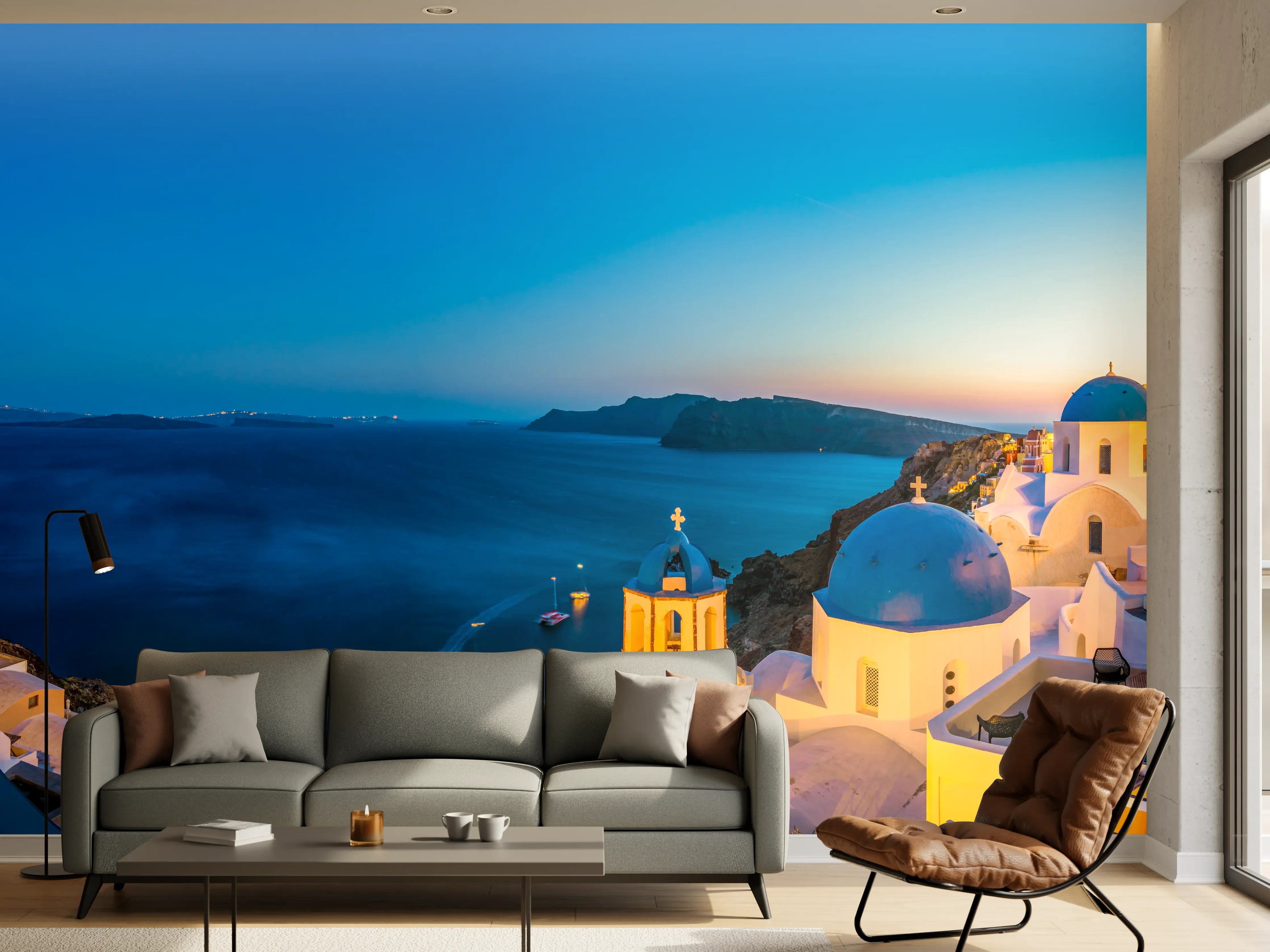 Wandverkleidung Wohnzimmer - Santorini Blau-Weiß Panorama