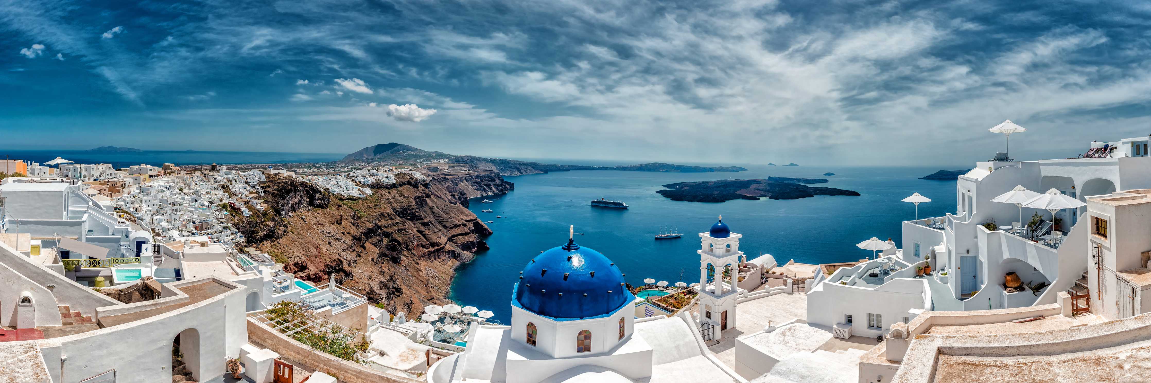 Wandverkleidung Wohnzimmer-Santorini Blau-Weiß Panoramablick