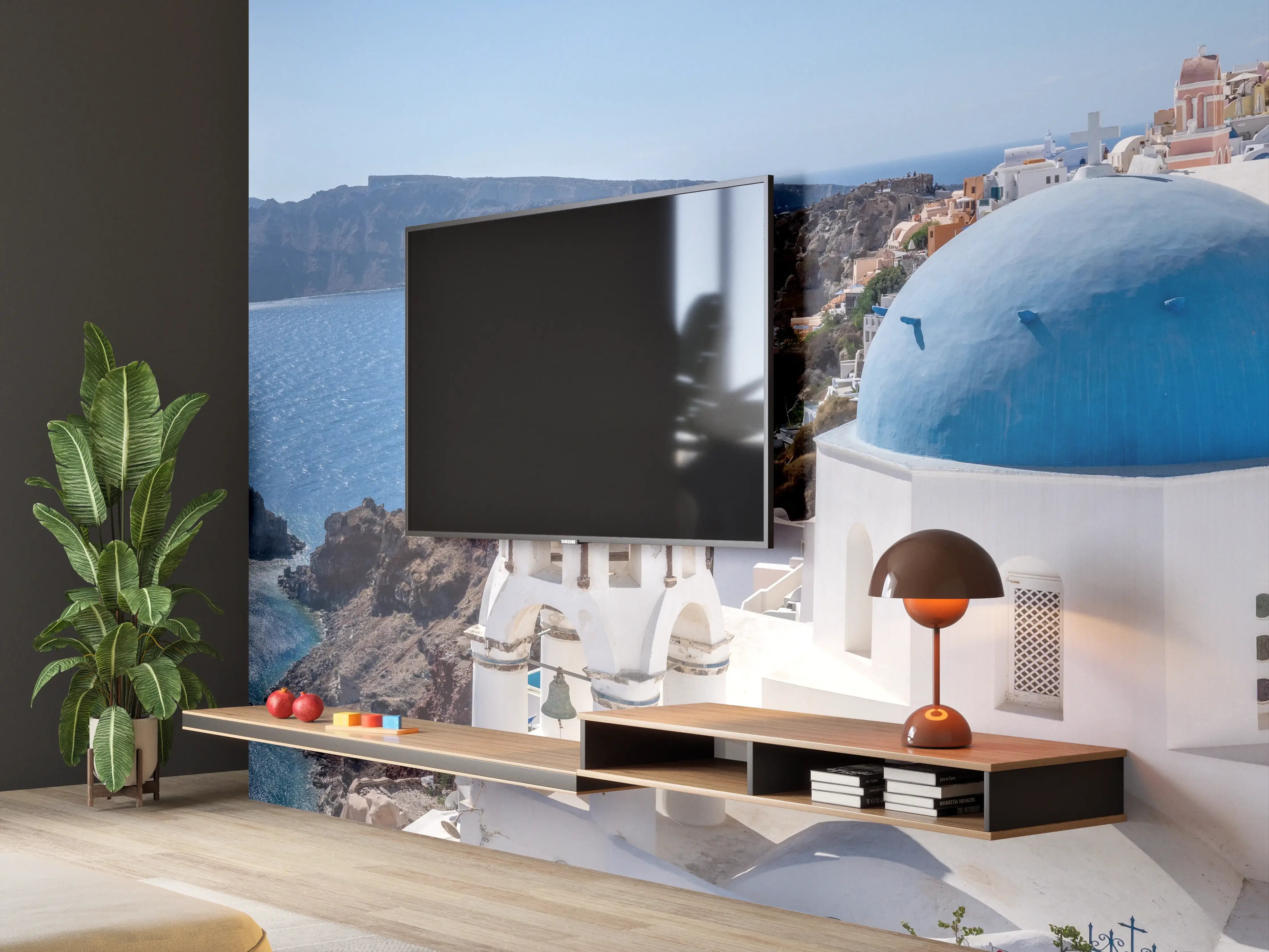 Wandverkleidung Wohnzimmer - Santorini Blau-Weiß Skyline