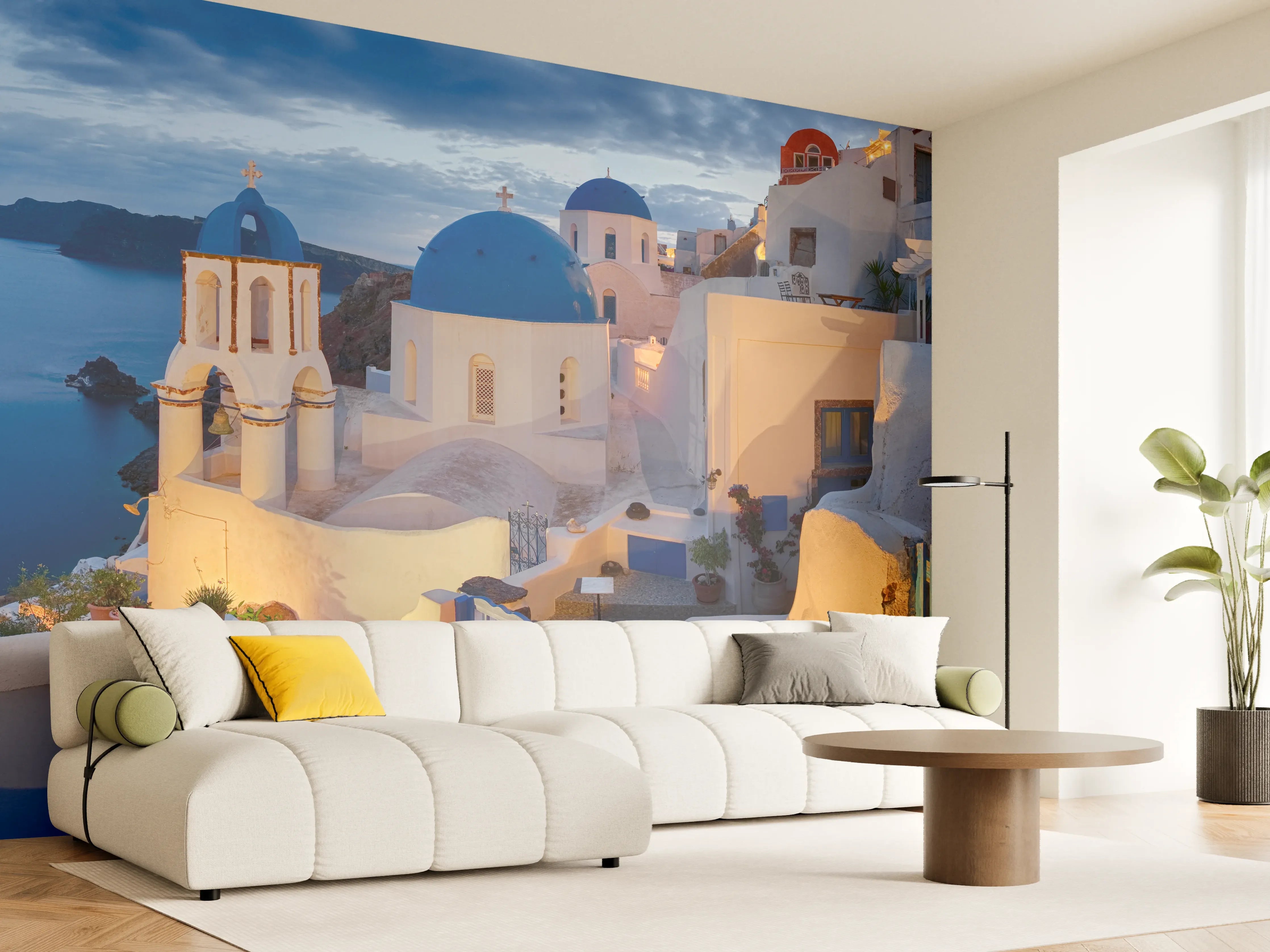 Wandverkleidung Wohnzimmer - Santorini Skyline in Blau und Weiß