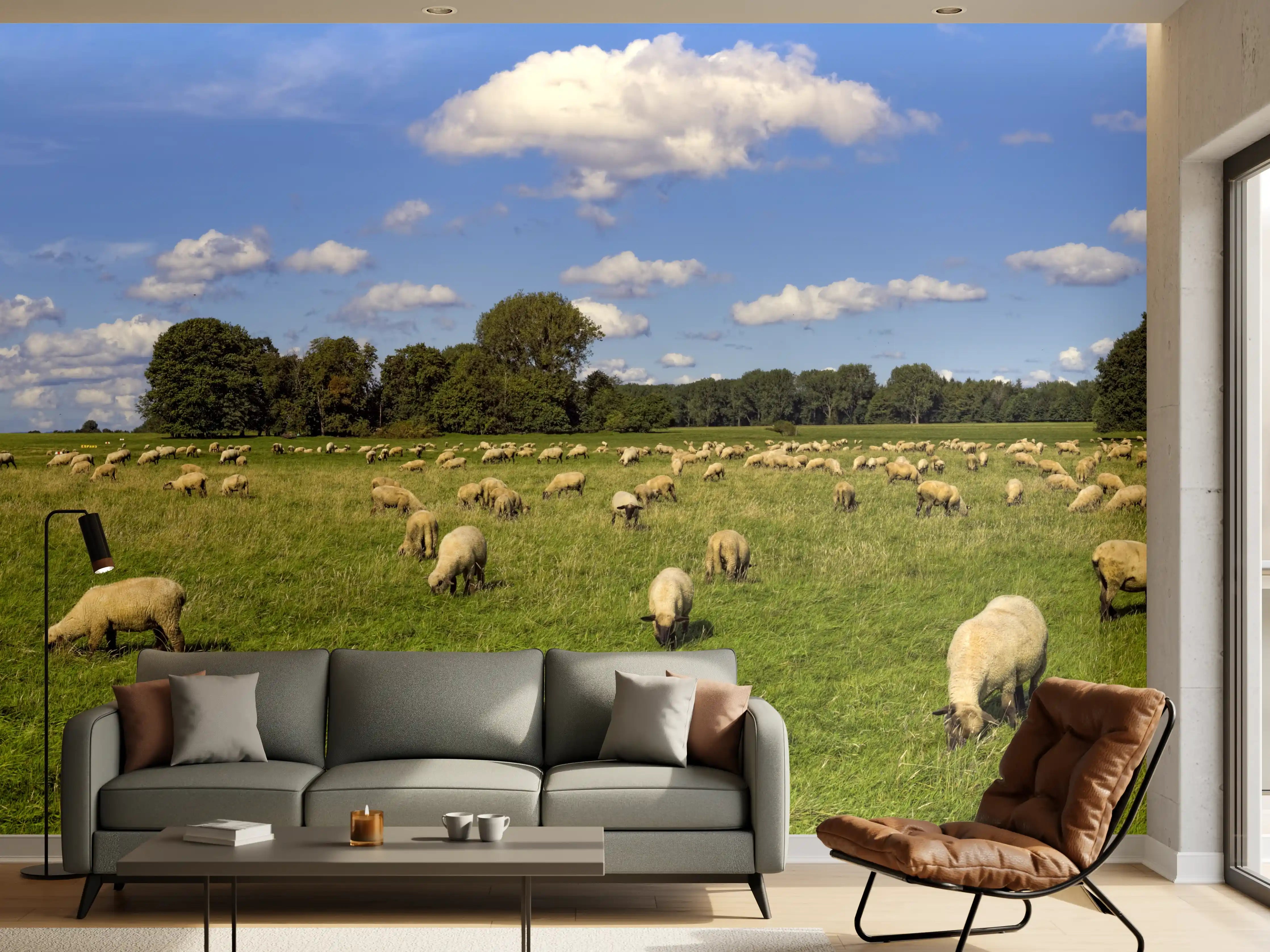 Wandverkleidung Wohnzimmer - Schafherde Panorama