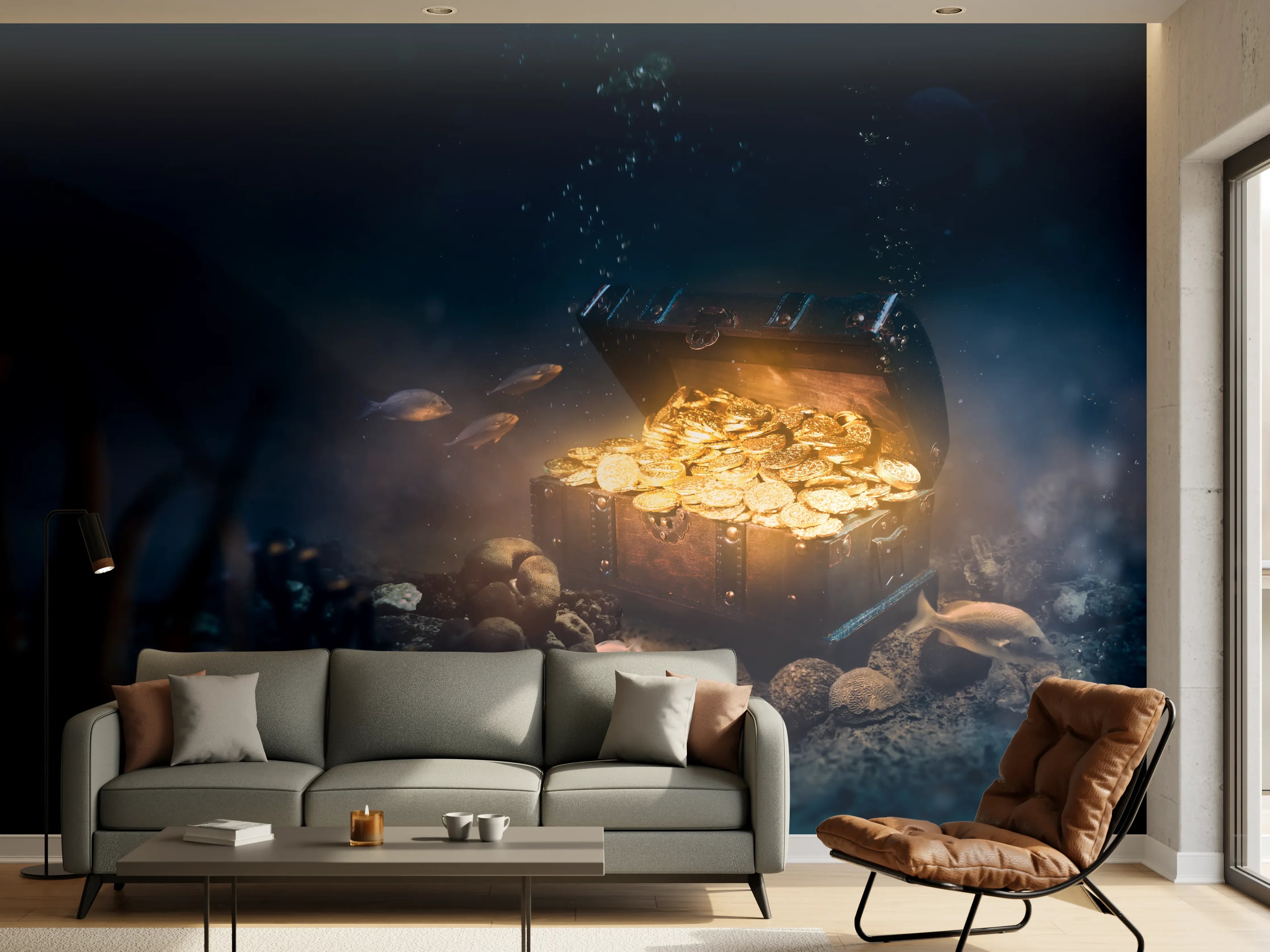 Wandverkleidung Wohnzimmer - Schatztruhe voller Gold unter Wasser