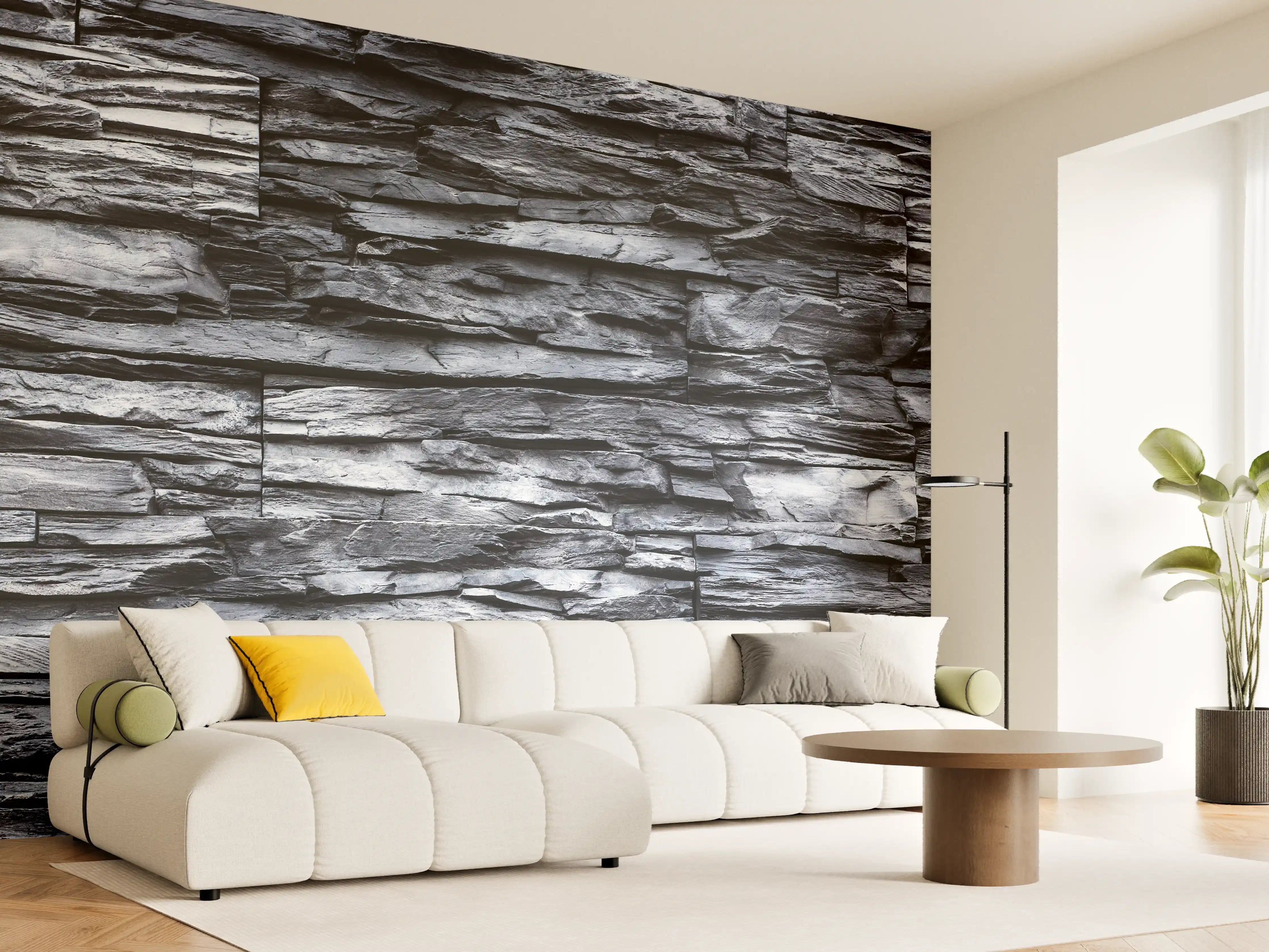 Wandverkleidung Wohnzimmer - Schiefer Wand mit dunklem Strukturdesign