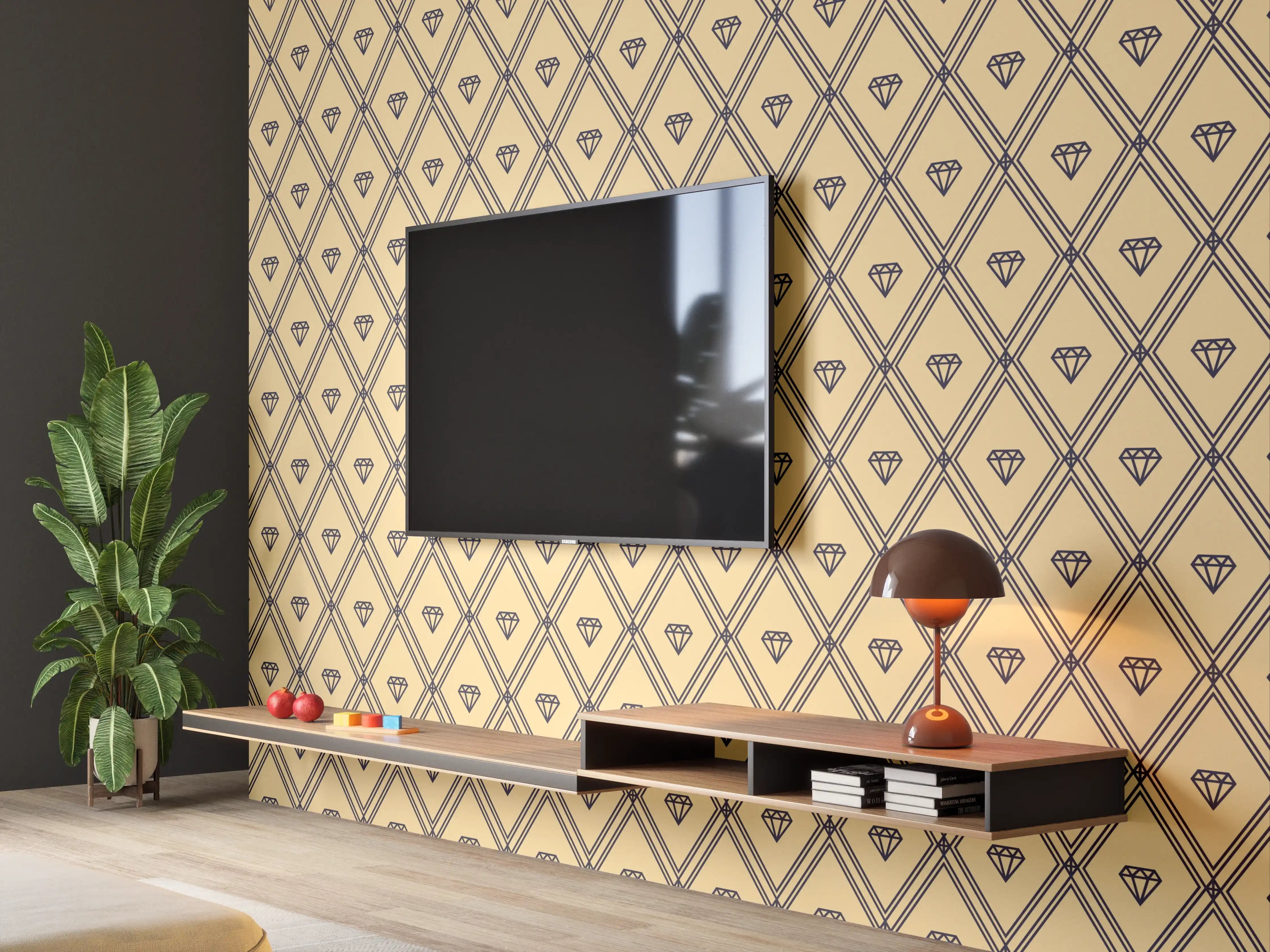 Wandverkleidung Wohnzimmer - Schimmernde Goldmuster auf grauweißem Untergrund