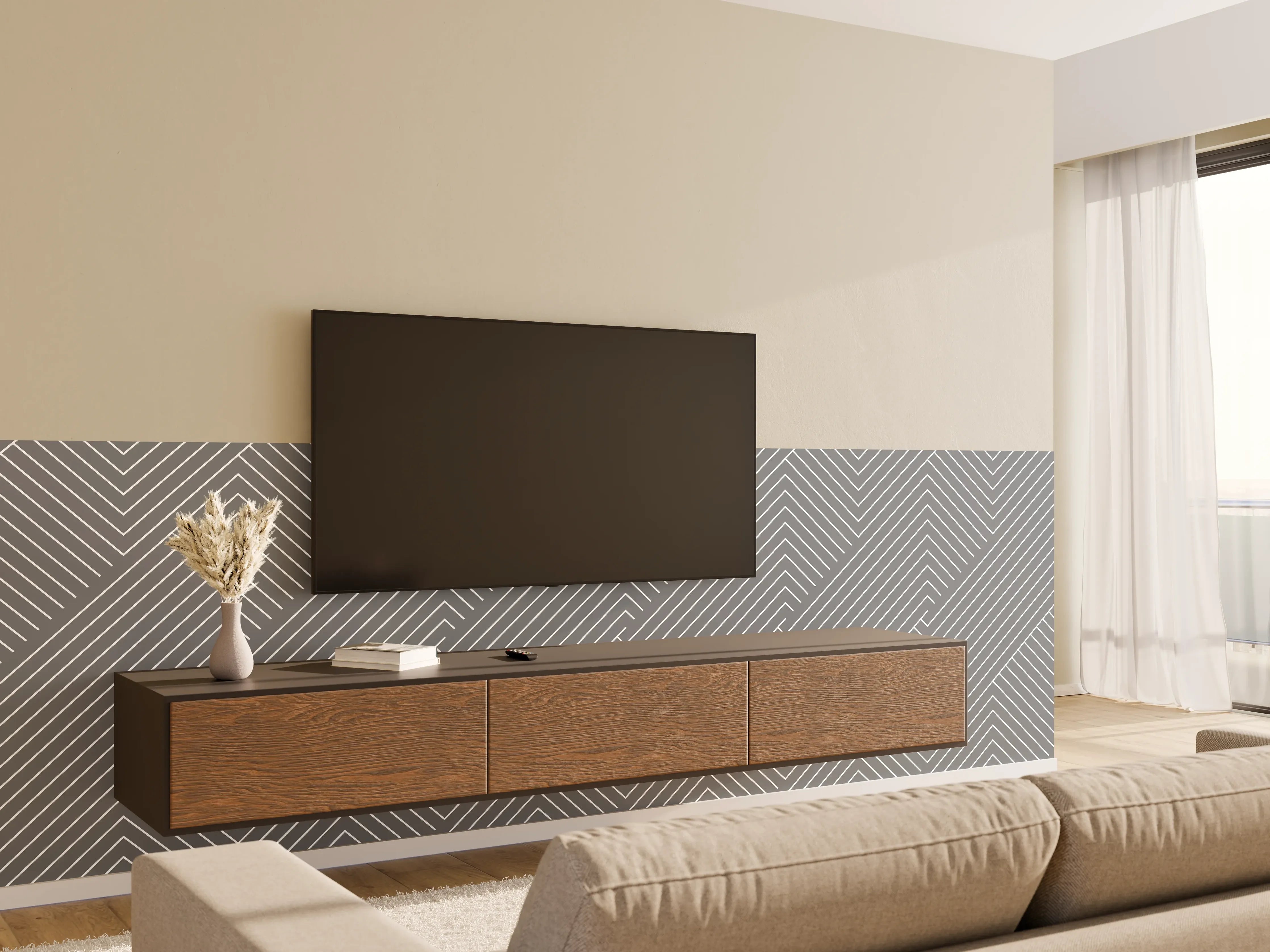 Wandverkleidung Wohnzimmer - Schlichte Grau-Weiß Muster: Geometrische Eleganz