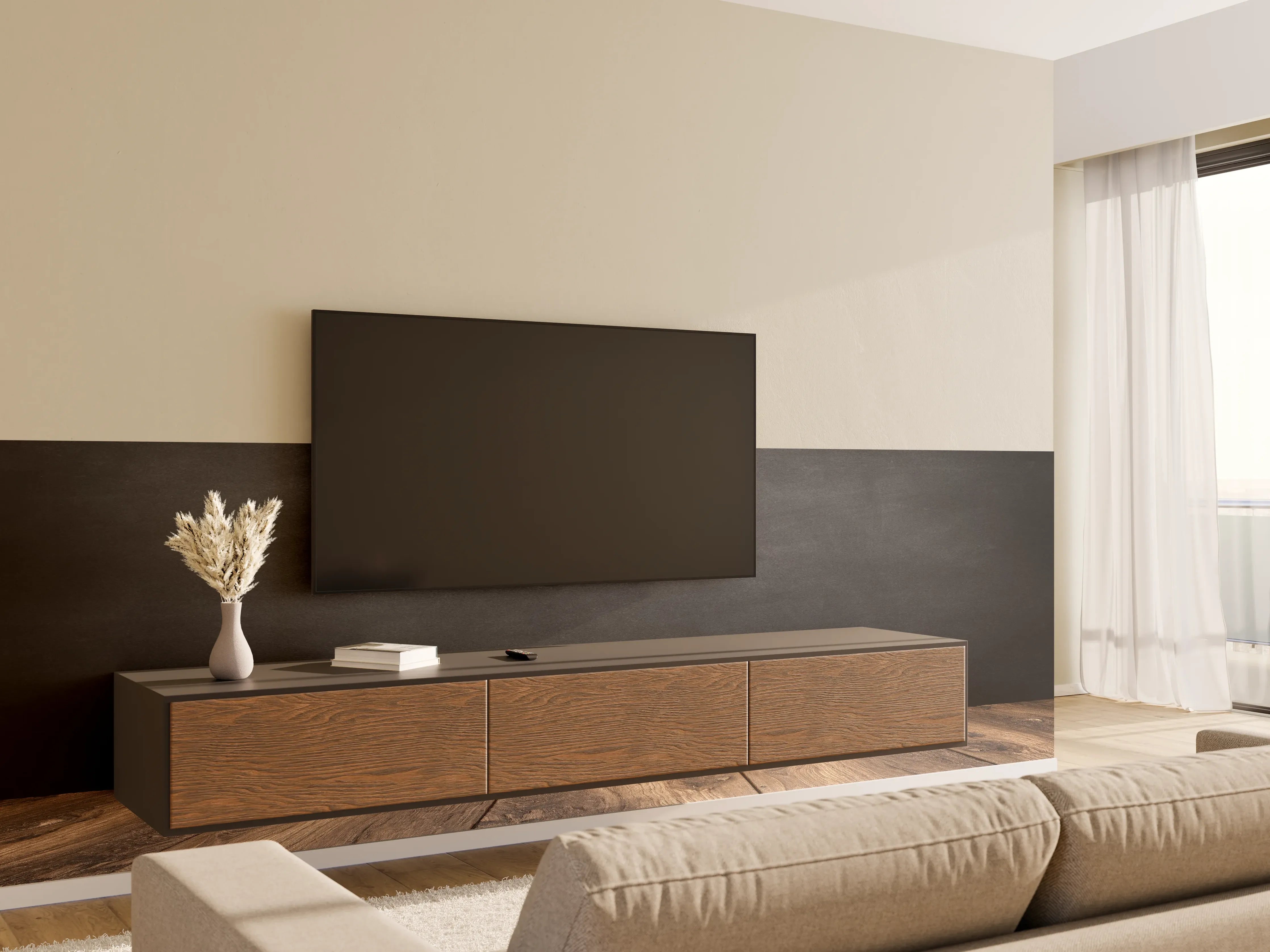 Wandverkleidung Wohnzimmer - Schlichter dunkler Hintergrund mit Holztisch