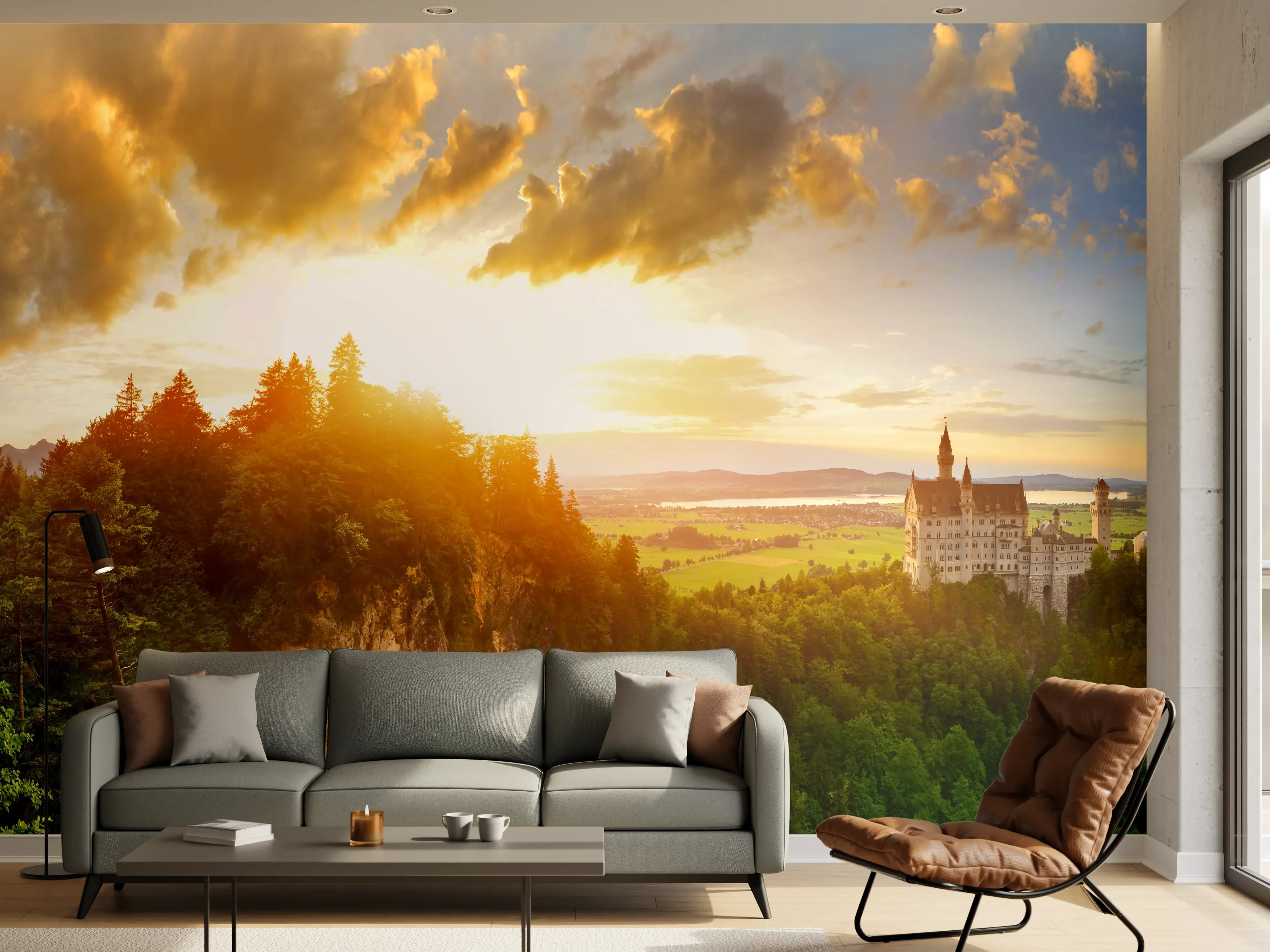 Wandverkleidung Wohnzimmer - Schloss Neuschwanstein bei Sonnenuntergang