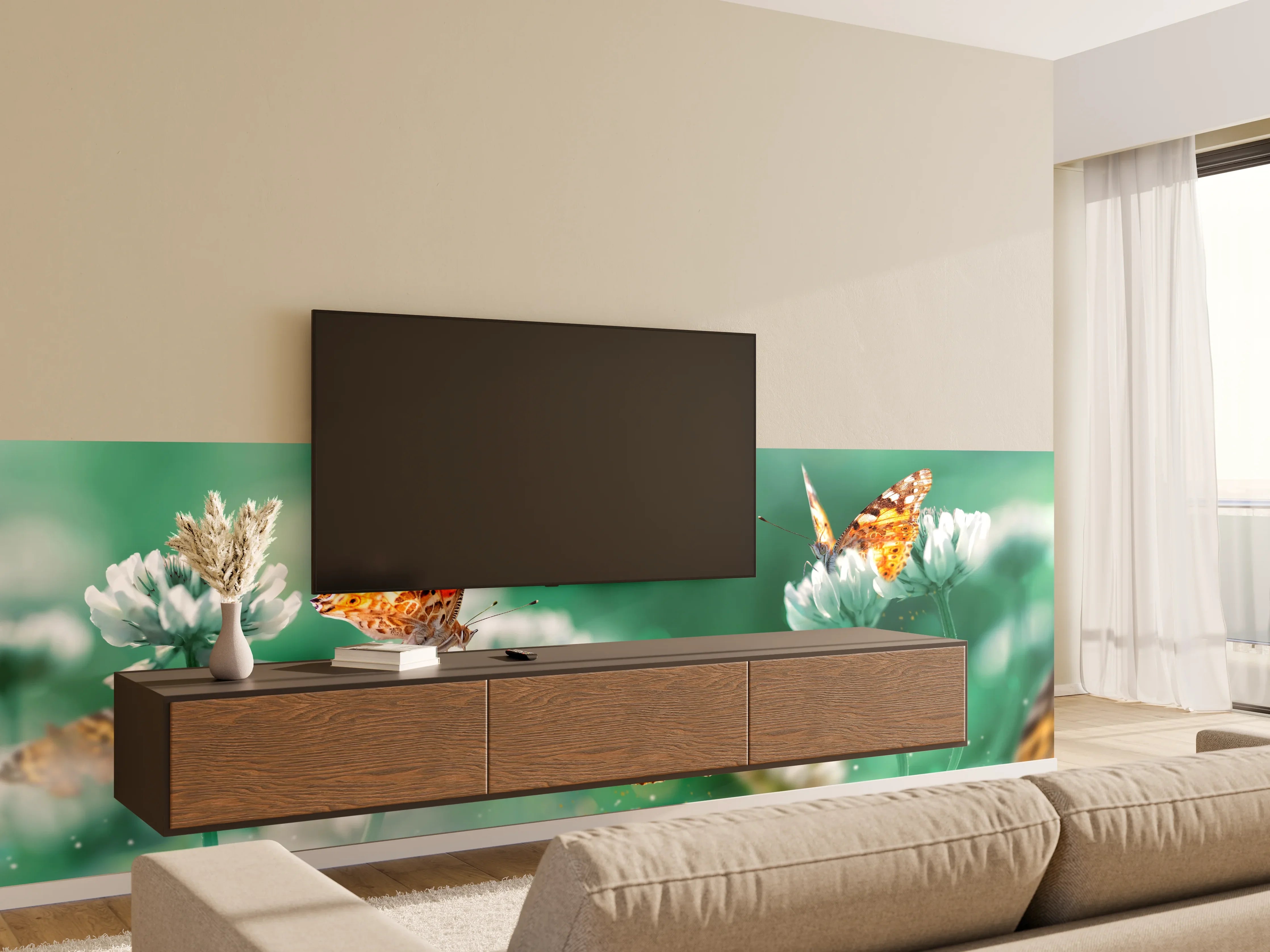 Wandverkleidung Wohnzimmer - Schmetterling auf Weißkleeblüten