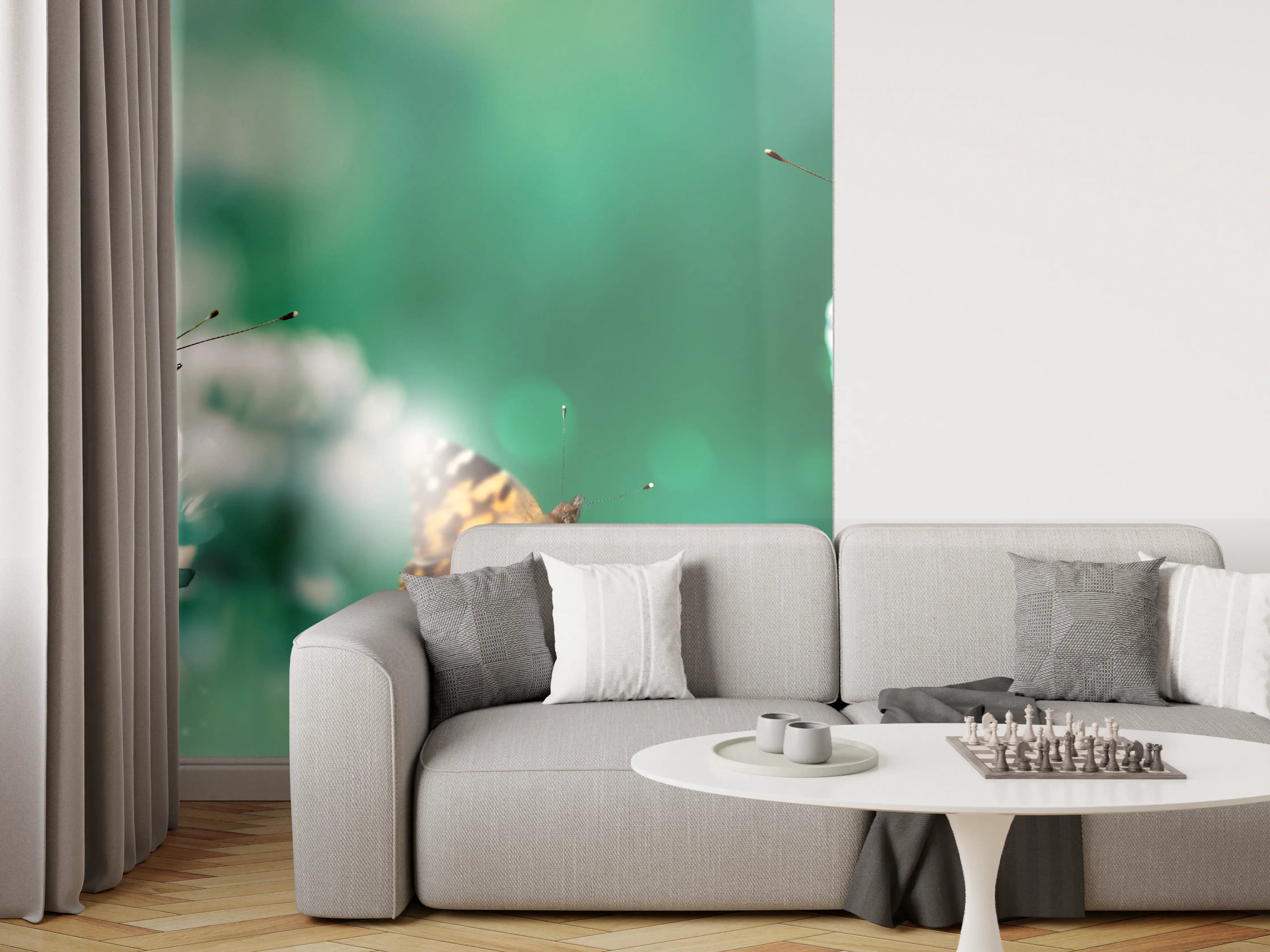 Wandverkleidung Wohnzimmer - Schmetterling auf Weißkleeblüten