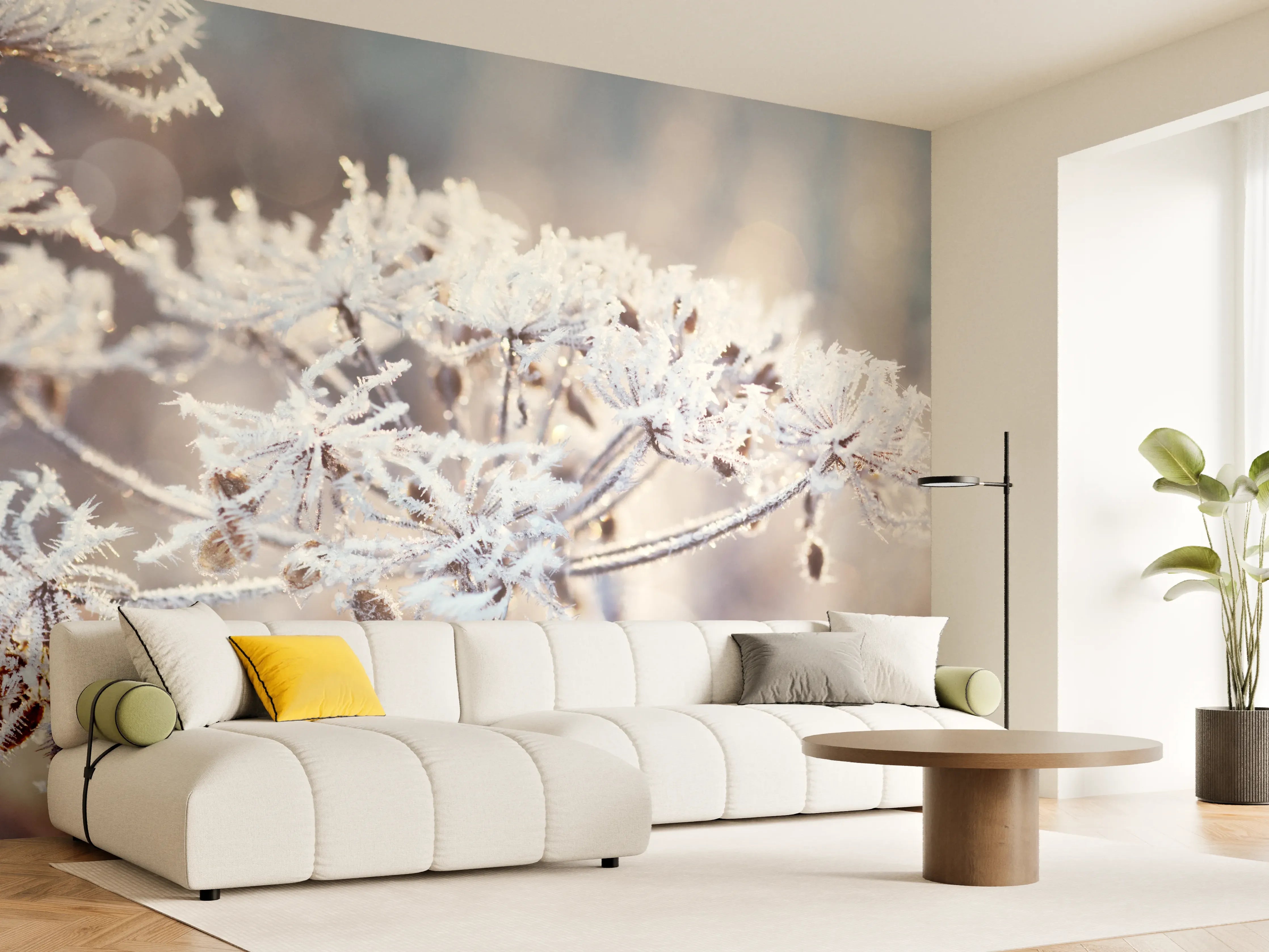 Wandverkleidung Wohnzimmer - Schneetau auf Pflanzen