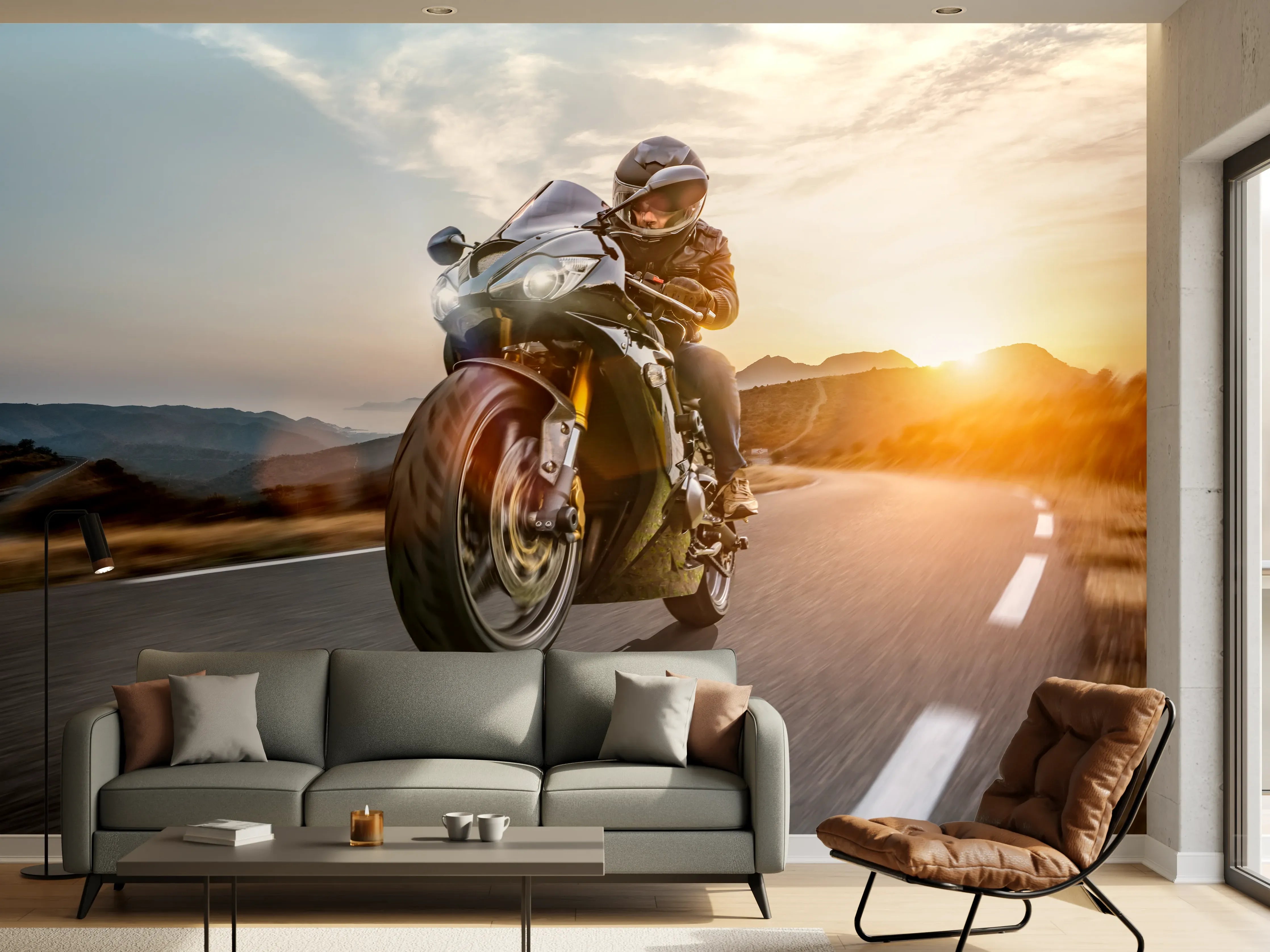 Wandverkleidung Wohnzimmer - Schnelles Motorrad auf der Küstenstraße