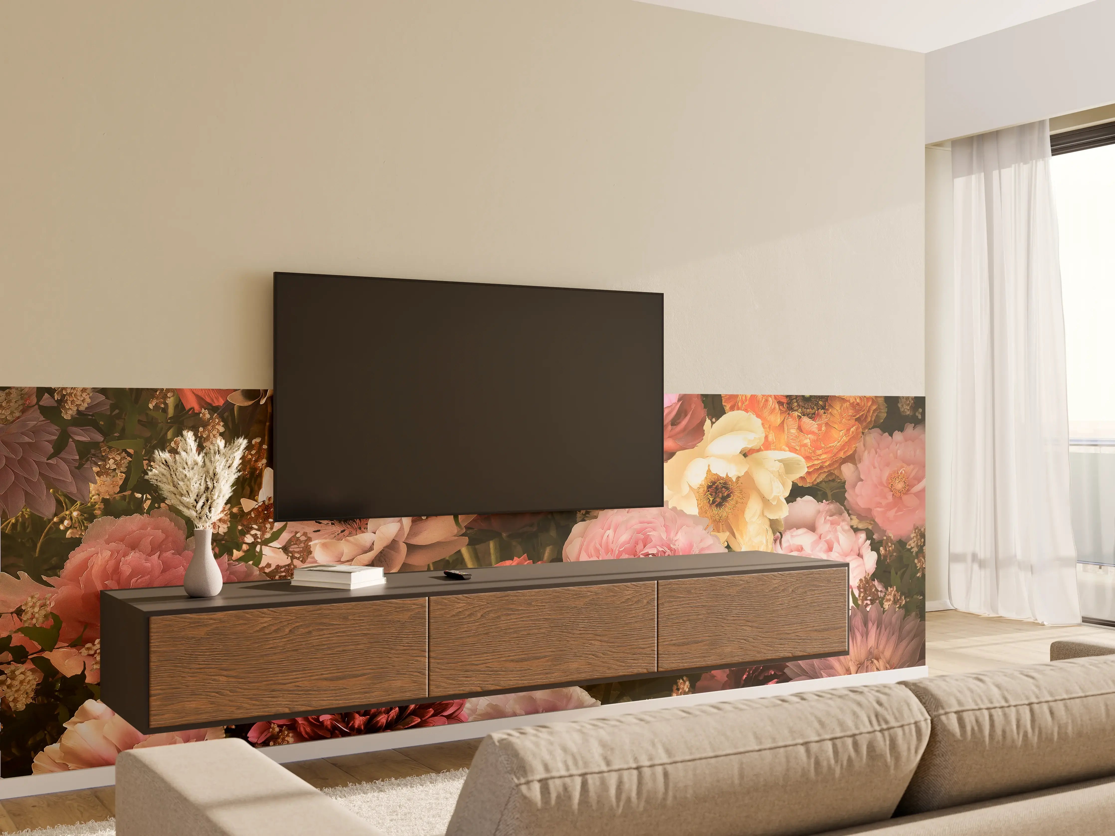 Wandverkleidung Wohnzimmer - Schöne Blumenpracht in warmen Farbnuancen