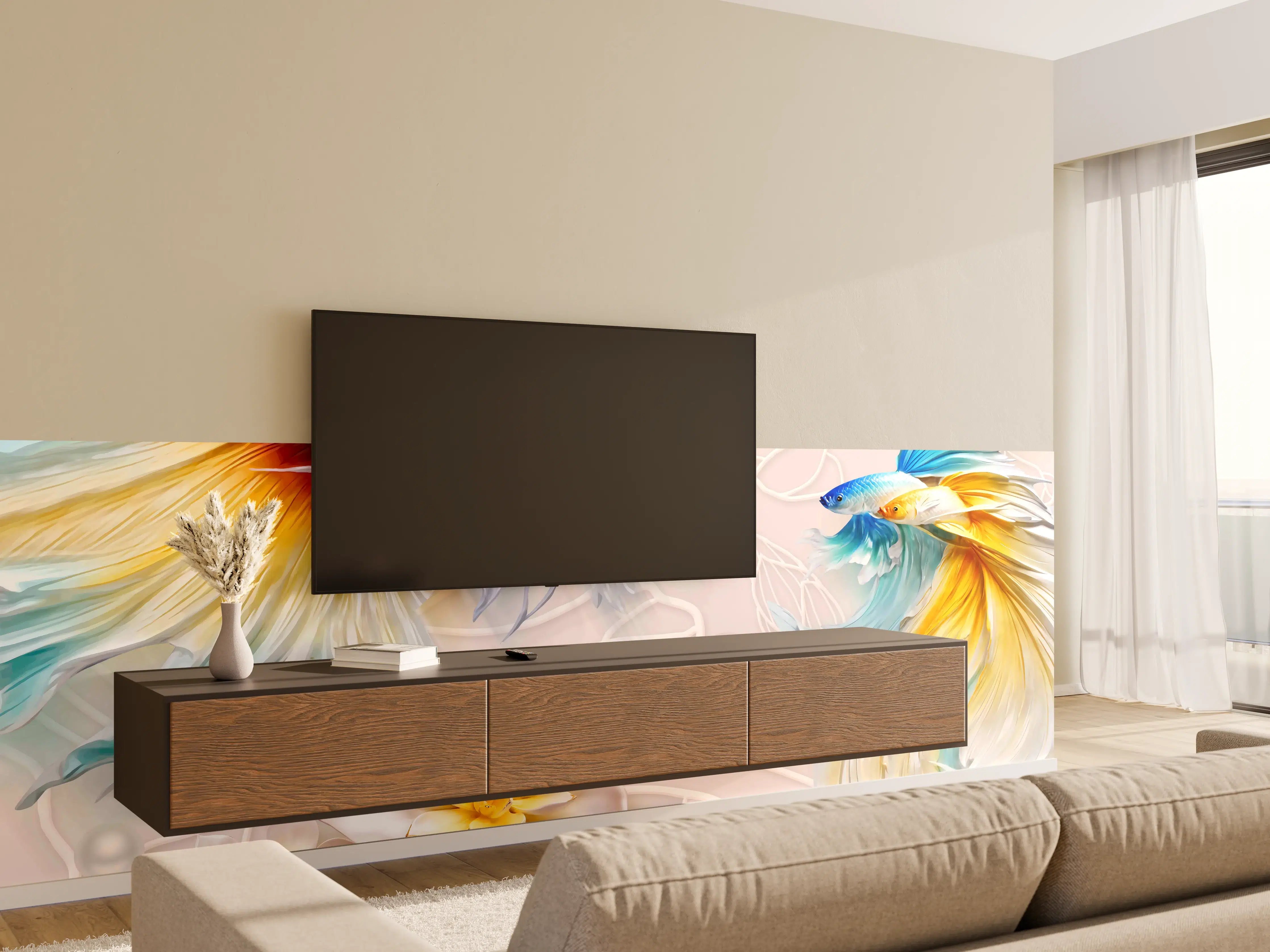 Wandverkleidung Wohnzimmer - Schöne Fische auf Rosa Hintergrund