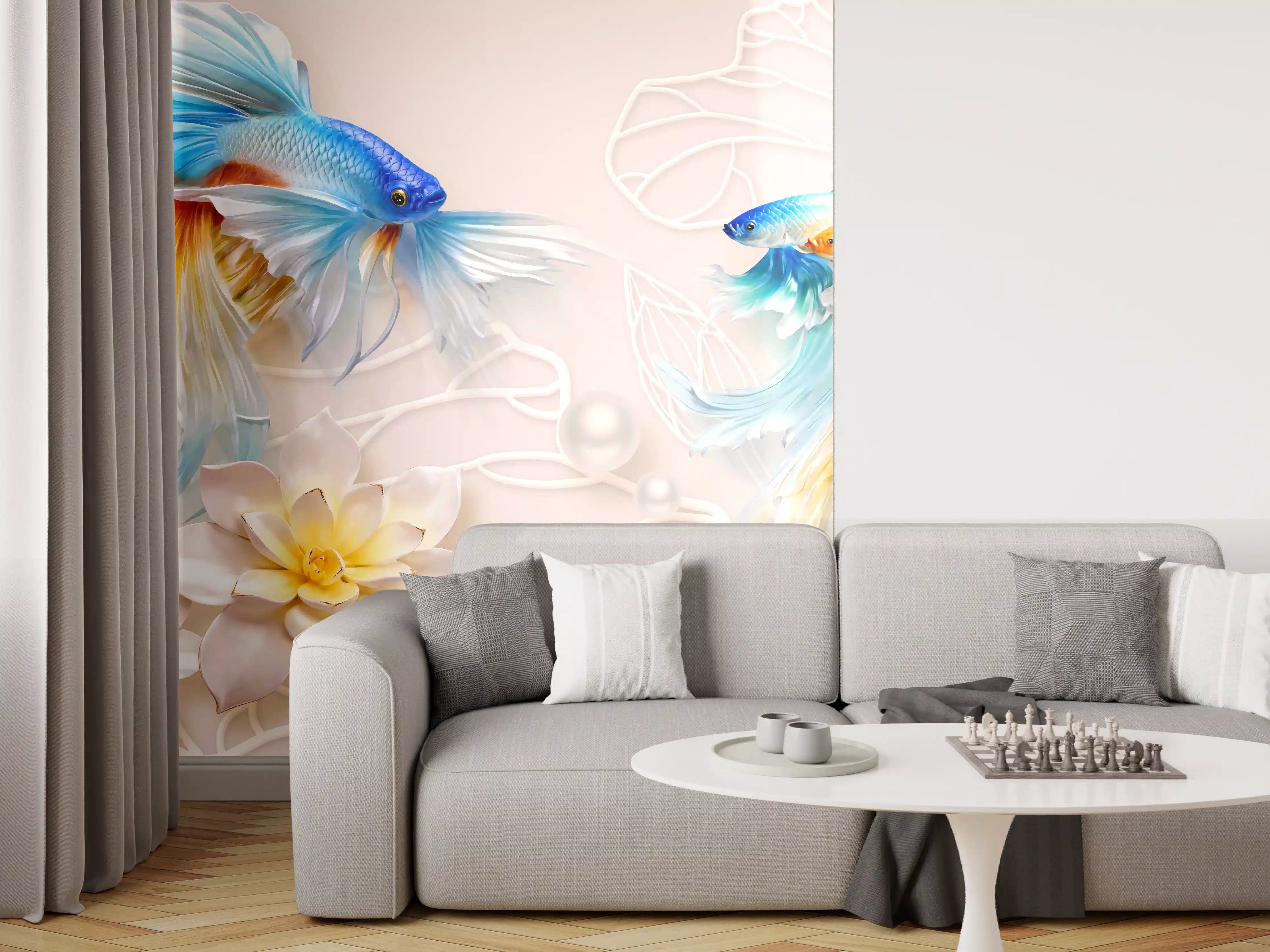 Wandverkleidung Wohnzimmer - Schöne Fische auf Rosa Hintergrund