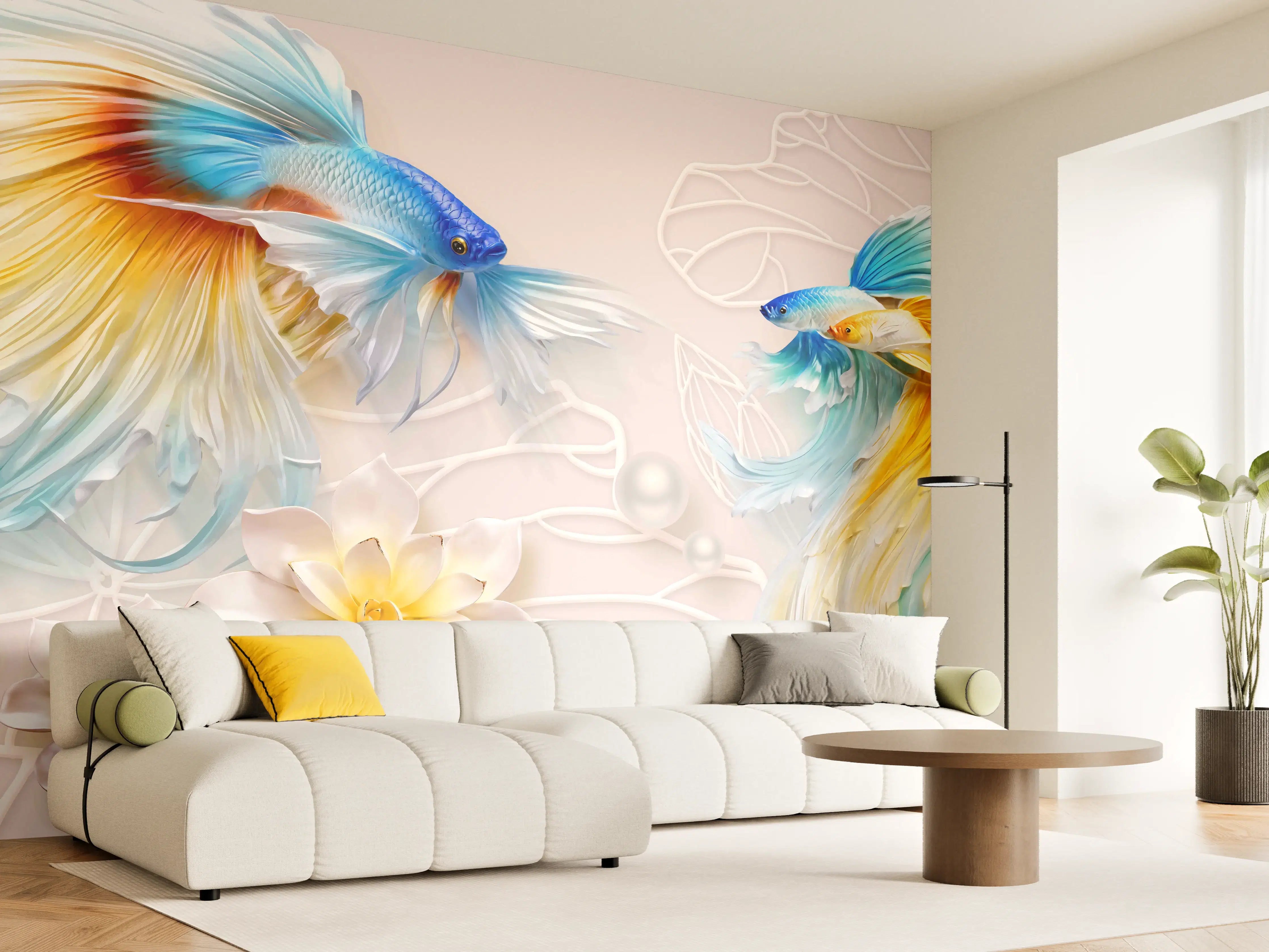 Wandverkleidung Wohnzimmer - Schöne Fische auf Rosa Hintergrund
