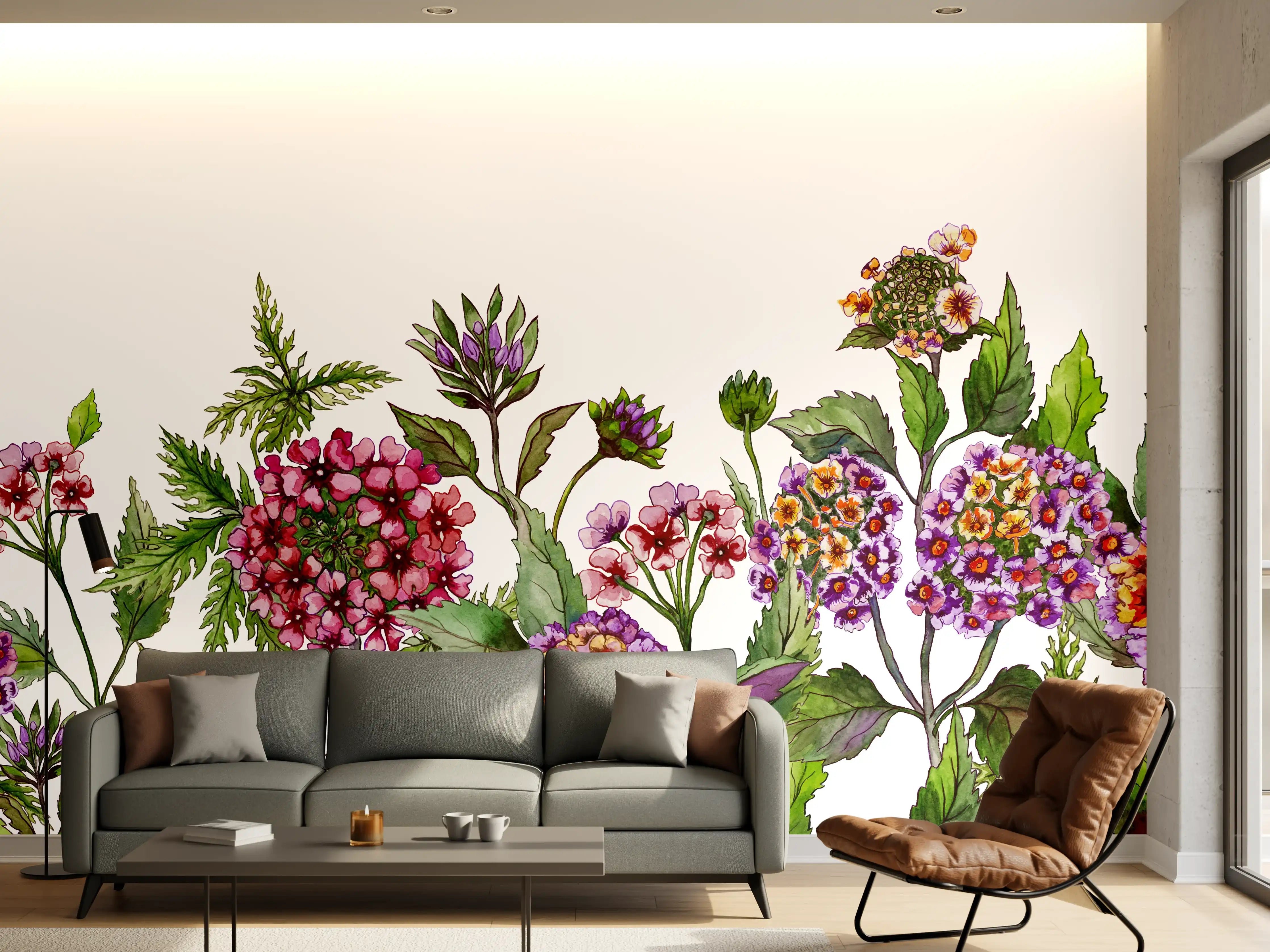 Wandverkleidung Wohnzimmer - Schöne Lantana-Blüten mit grünem Blätter